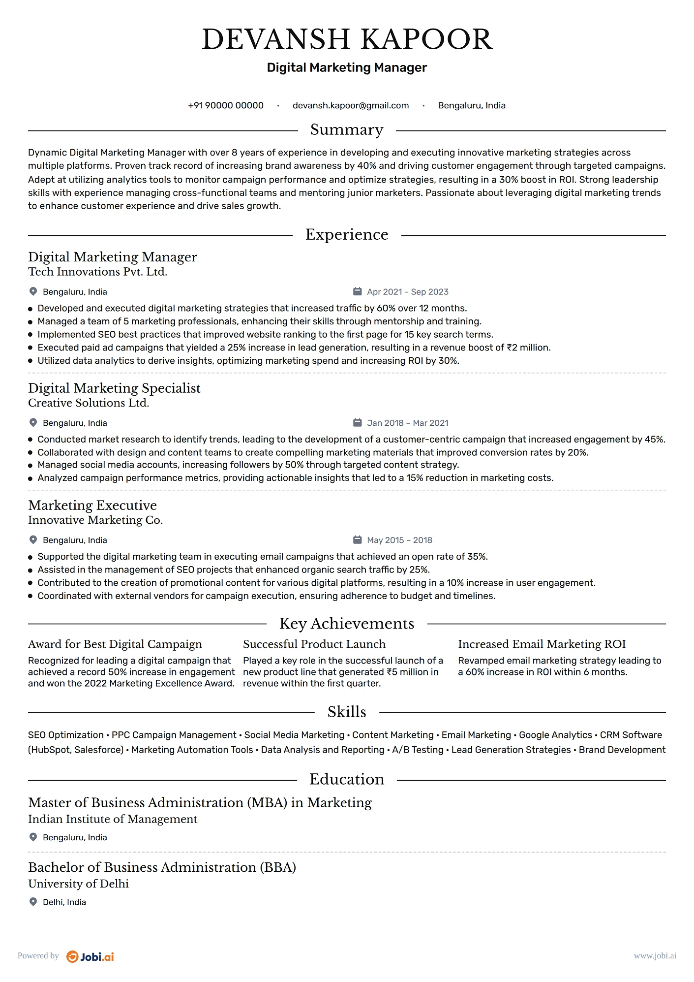 Marketing Manager resume example — Digital Marketing Manager