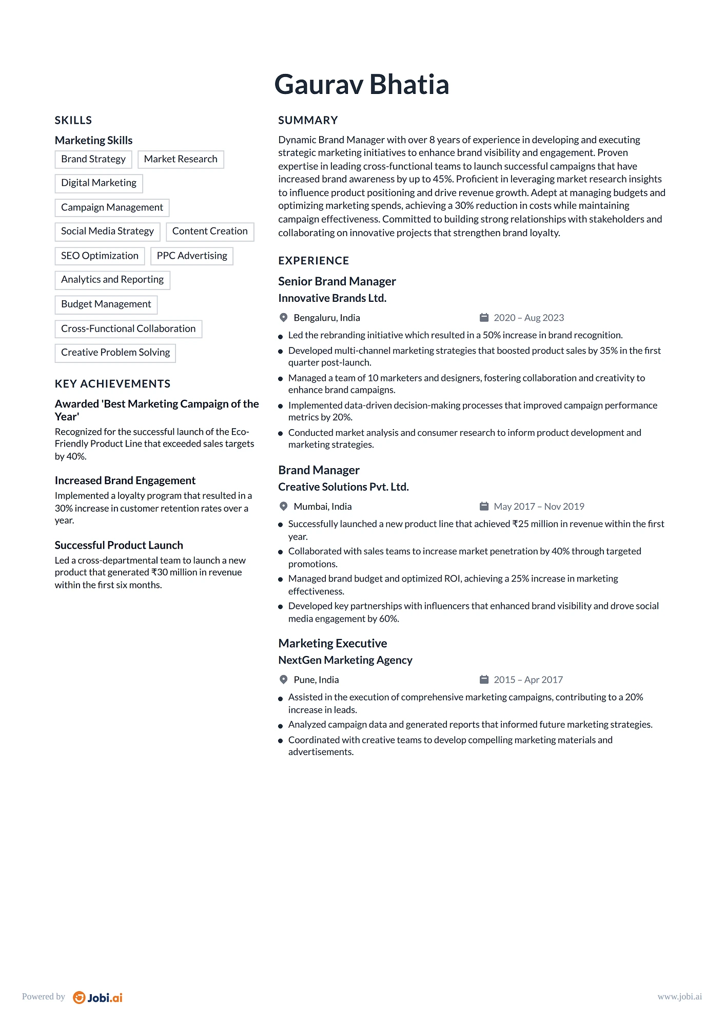 Marketing Manager resume example — Brand Manager