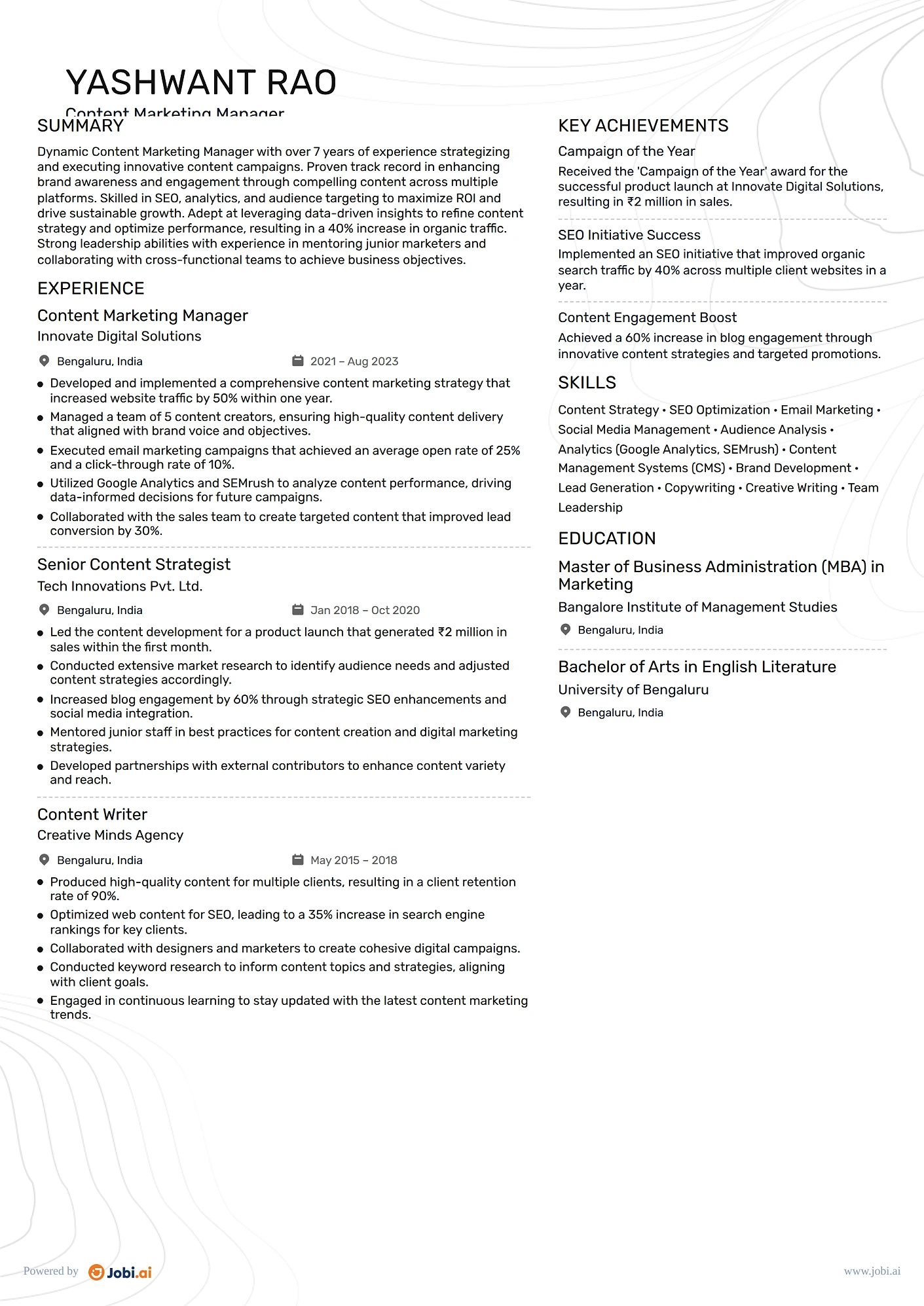 Marketing Manager resume example — Content Marketing Manager