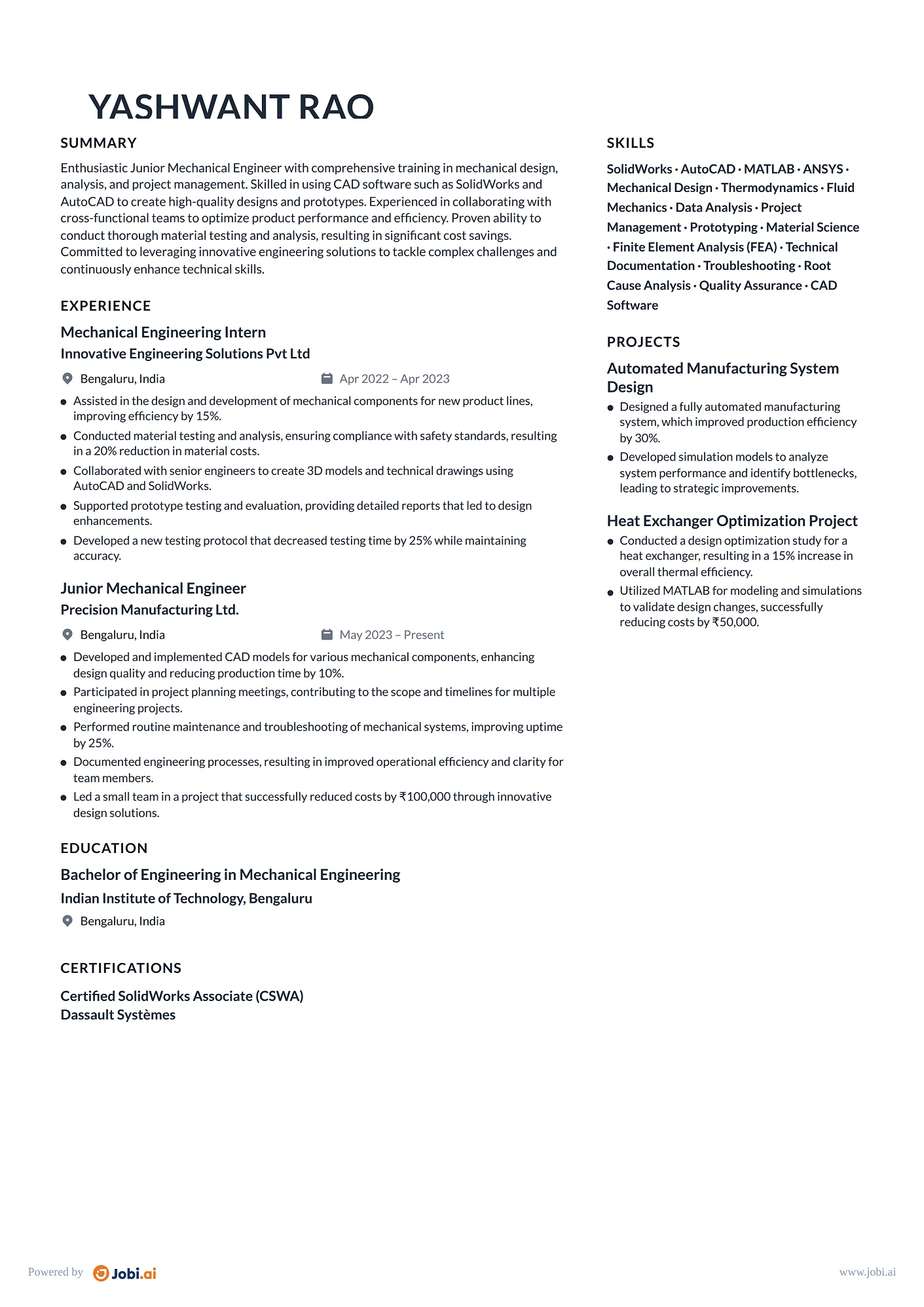 Mechanical Engineer resume example — Junior Mechanical Engineer