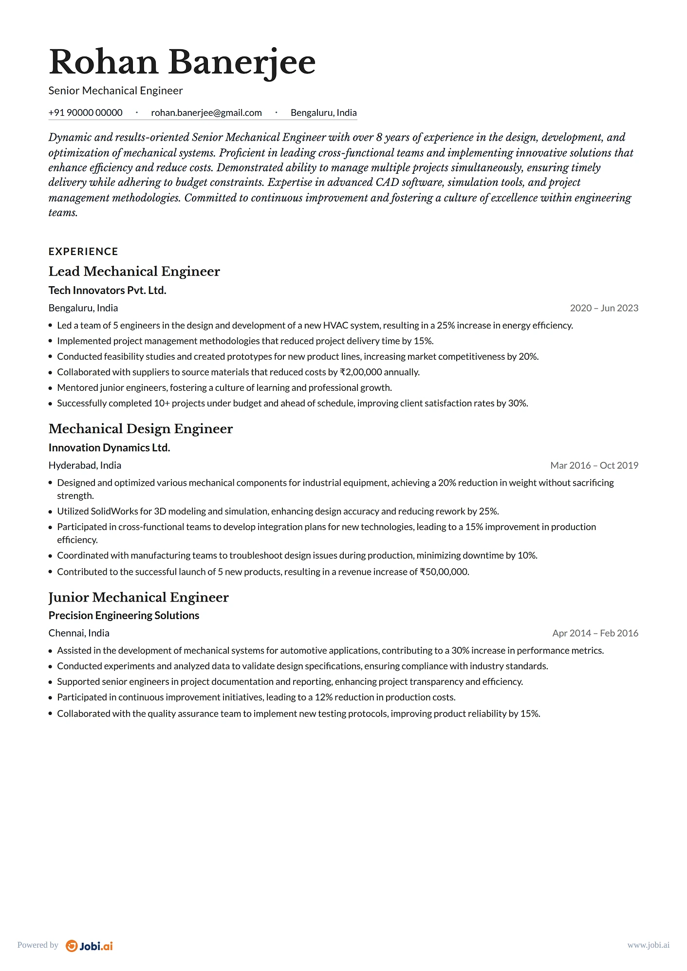 Mechanical Engineer resume example — Senior Mechanical Engineer