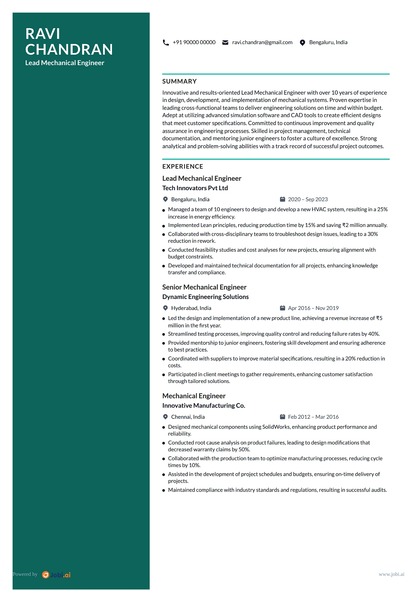 Mechanical Engineer resume example — Lead Mechanical Engineer