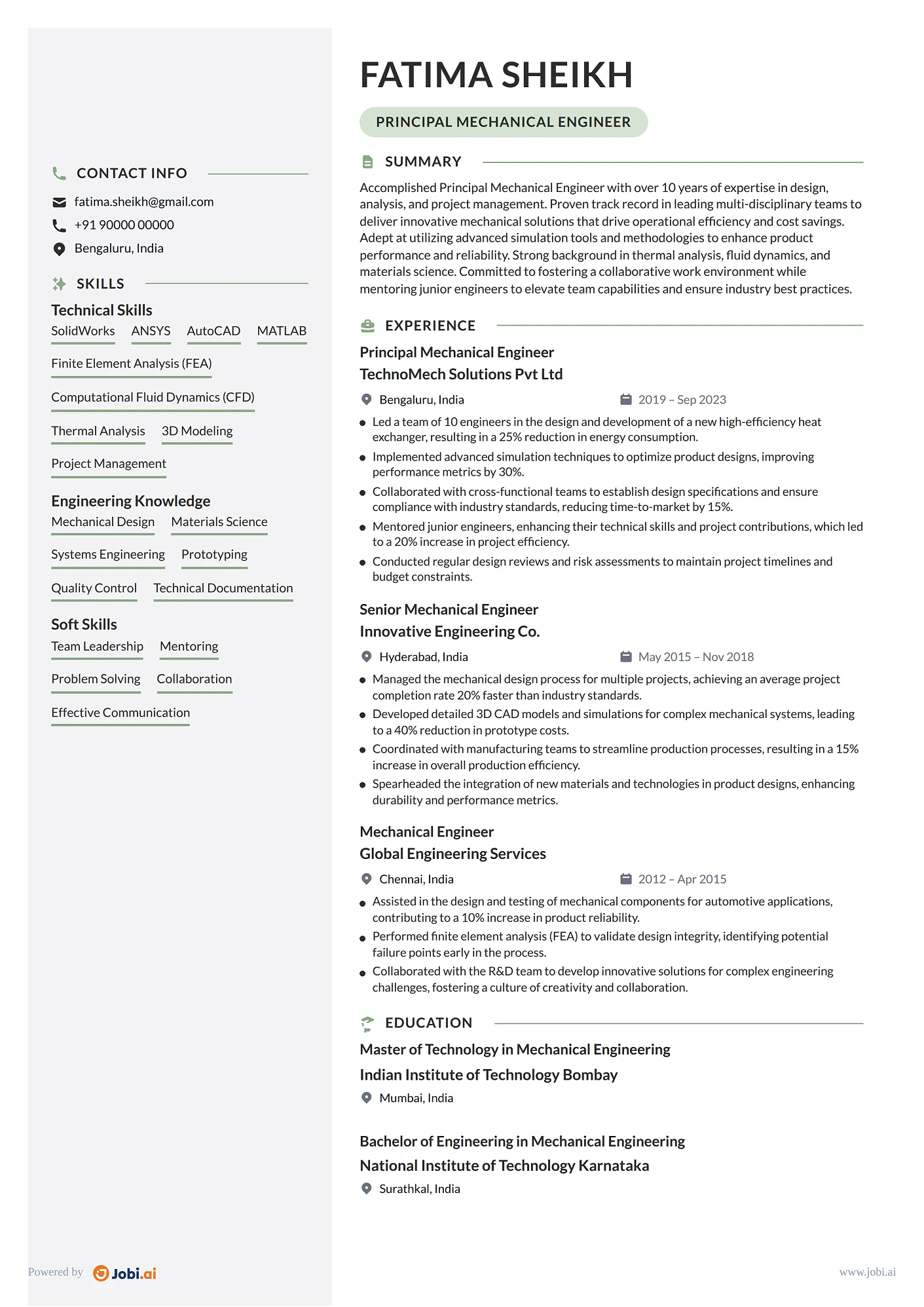 Mechanical Engineer resume example — Principal Mechanical Engineer