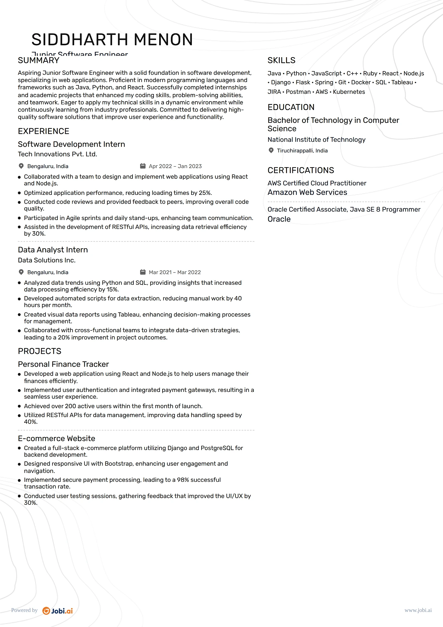 Software Engineer resume example — Junior Software Engineer