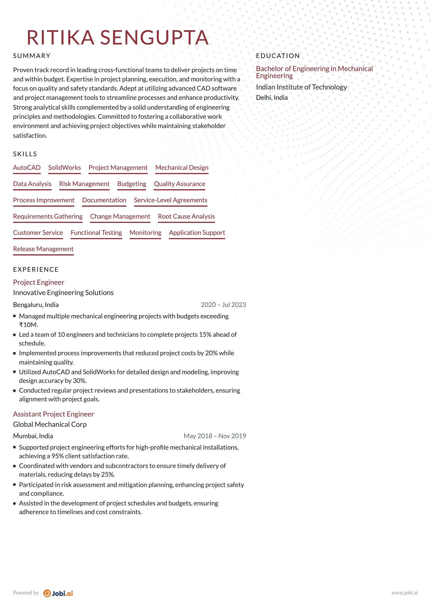 Mechanical Engineer resume example — Project Engineer