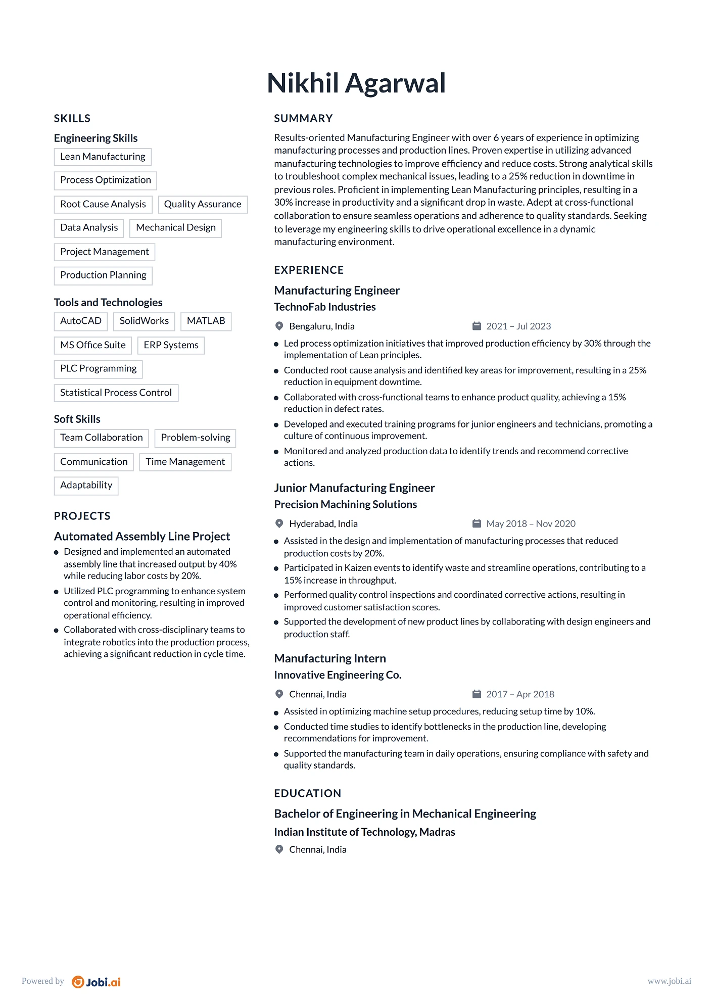 Mechanical Engineer resume example — Manufacturing Engineer