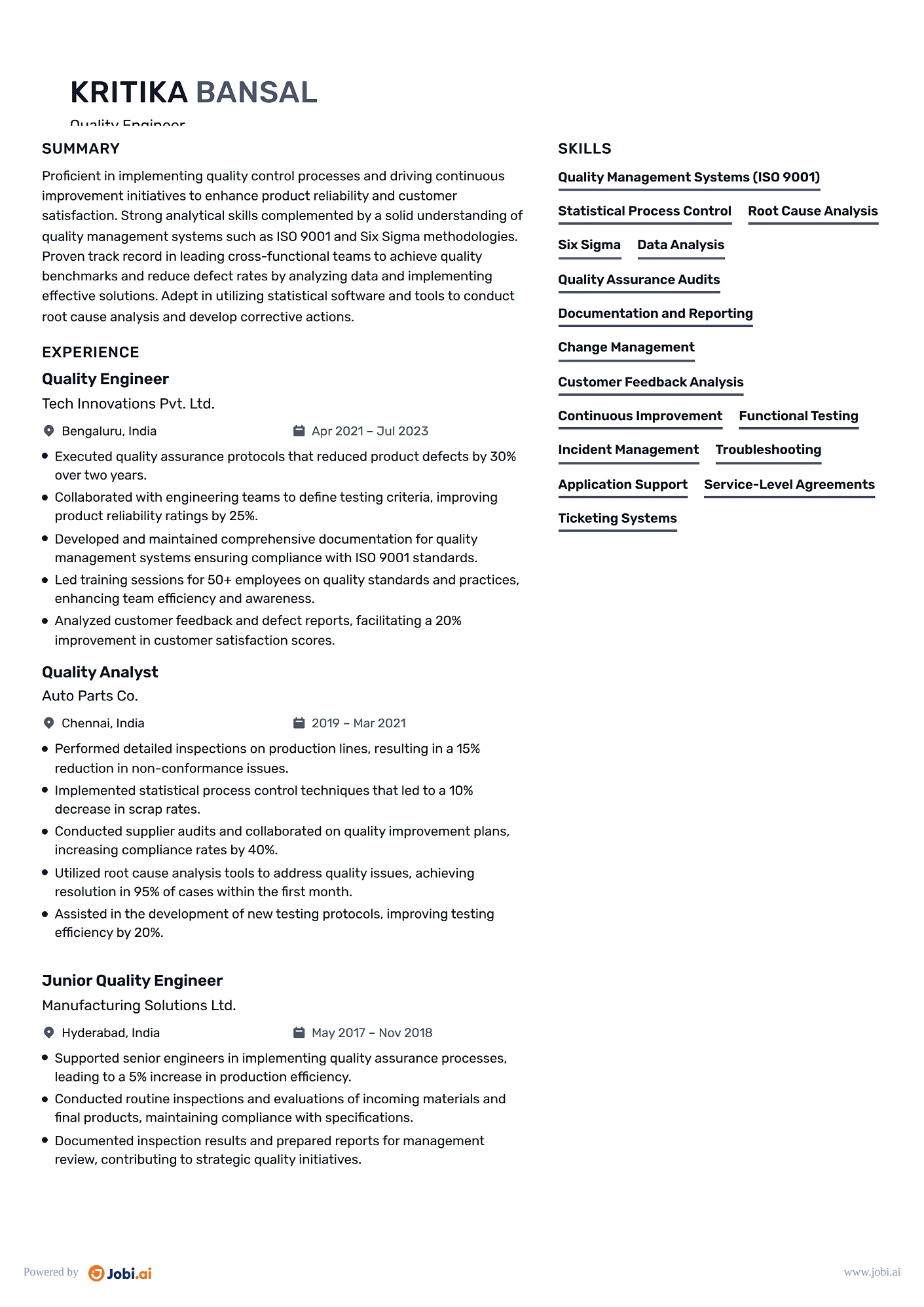 Mechanical Engineer resume example — Quality Engineer