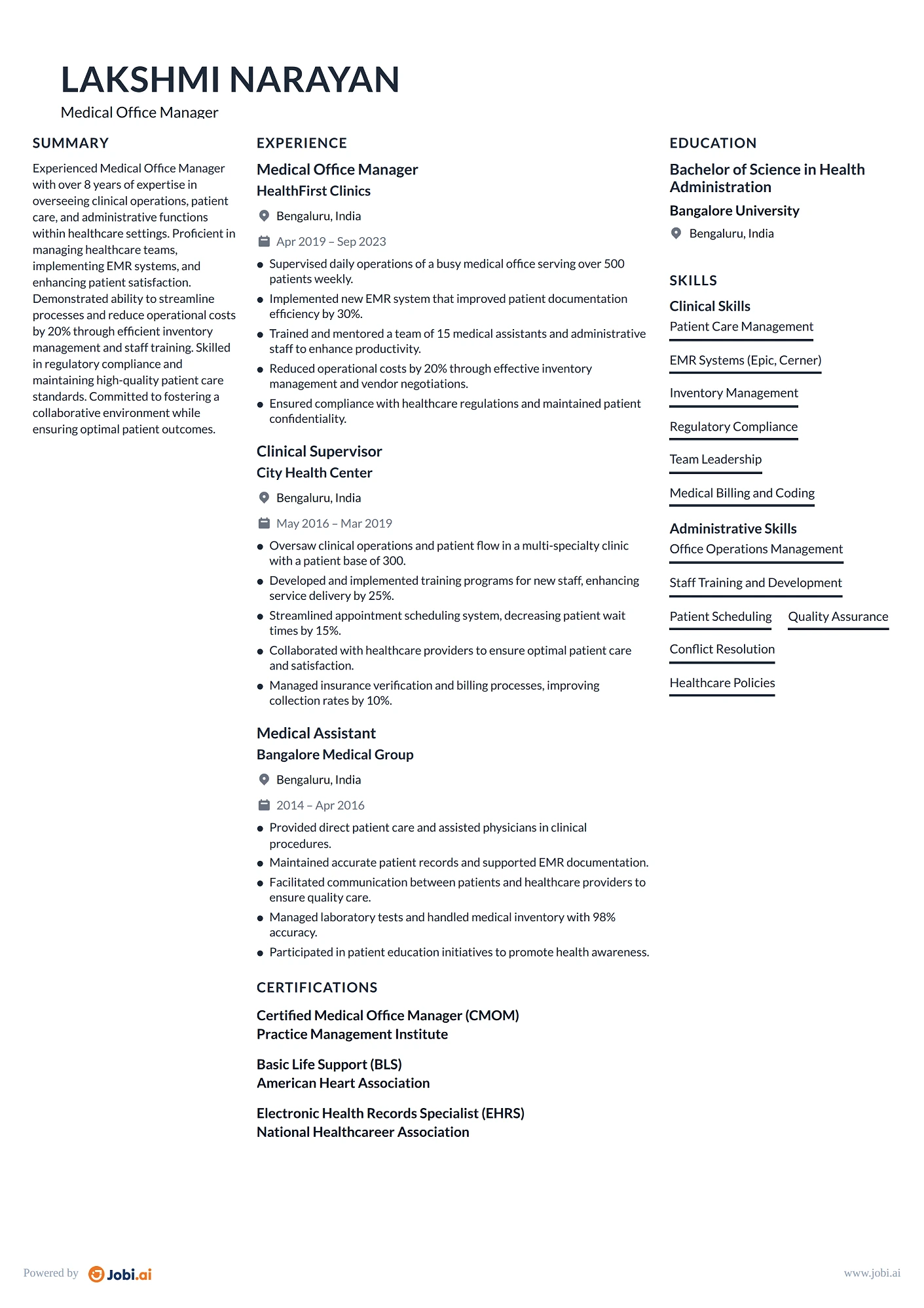 Medical Assistant resume example — Medical Office Manager