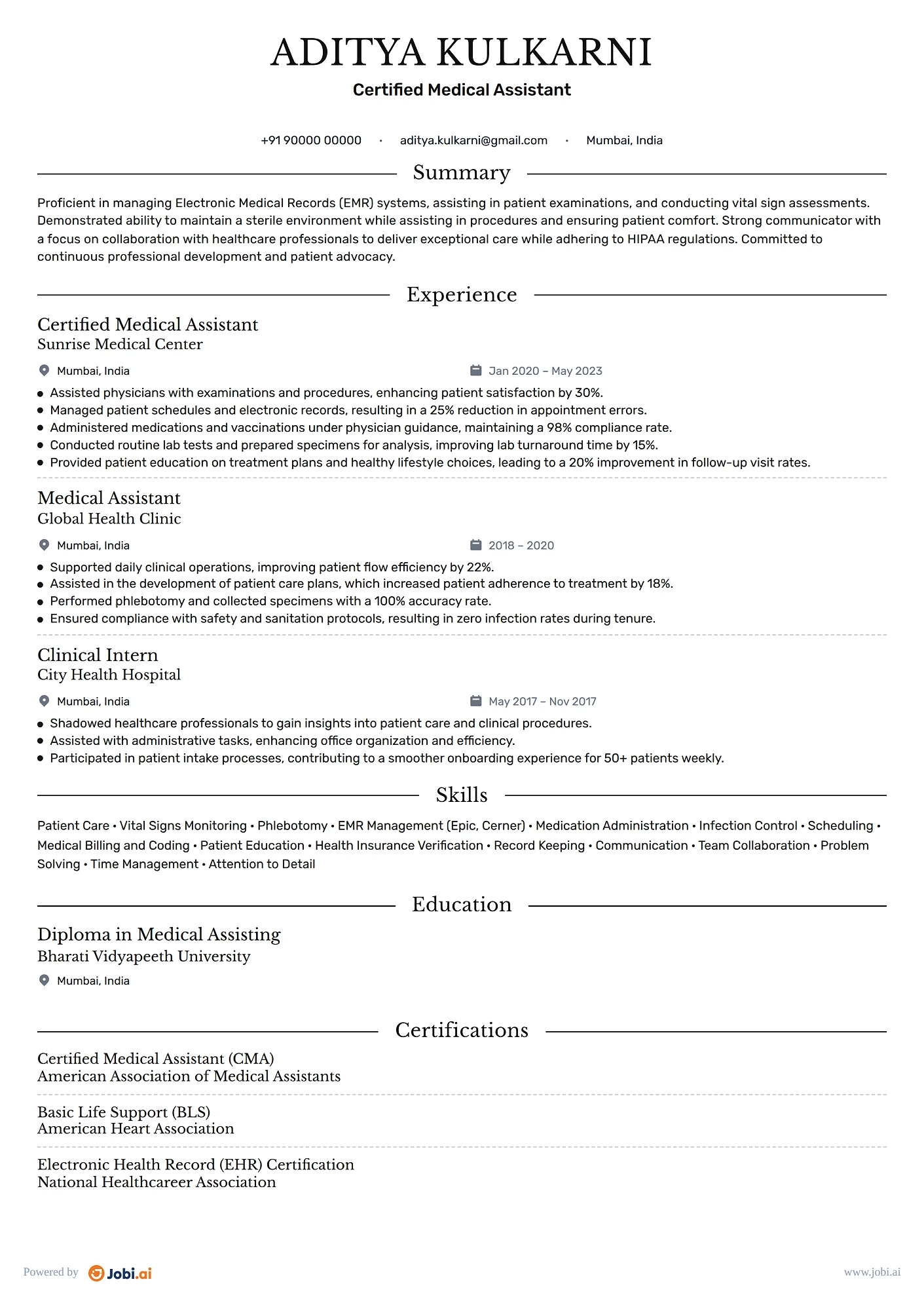 Medical Assistant resume example — Certified Medical Assistant
