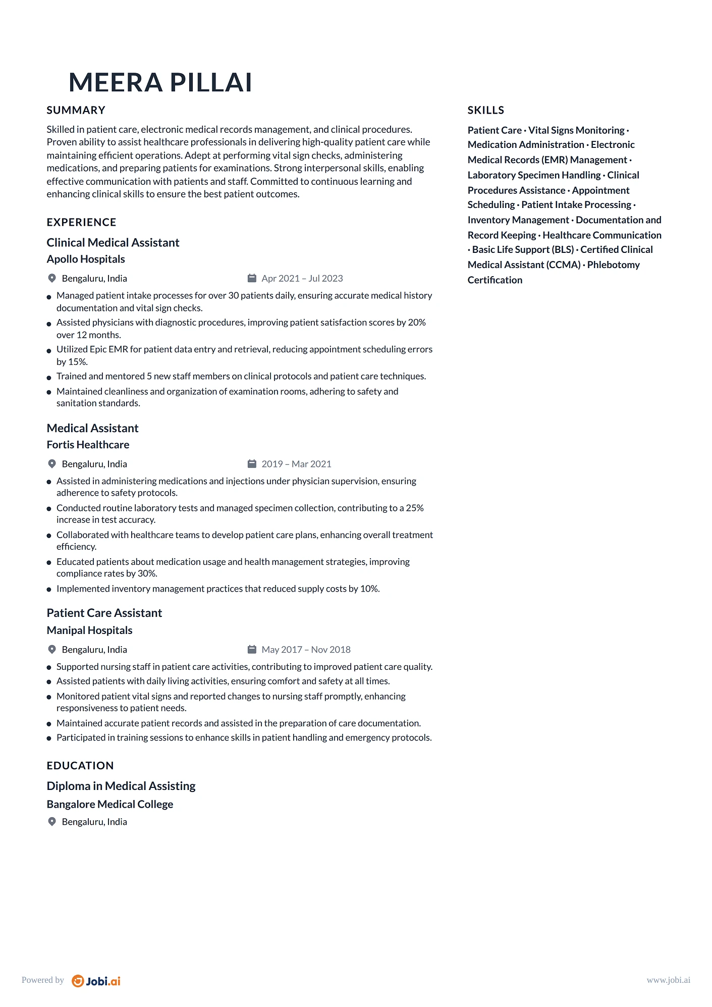 Medical Assistant resume example — Clinical Medical Assistant