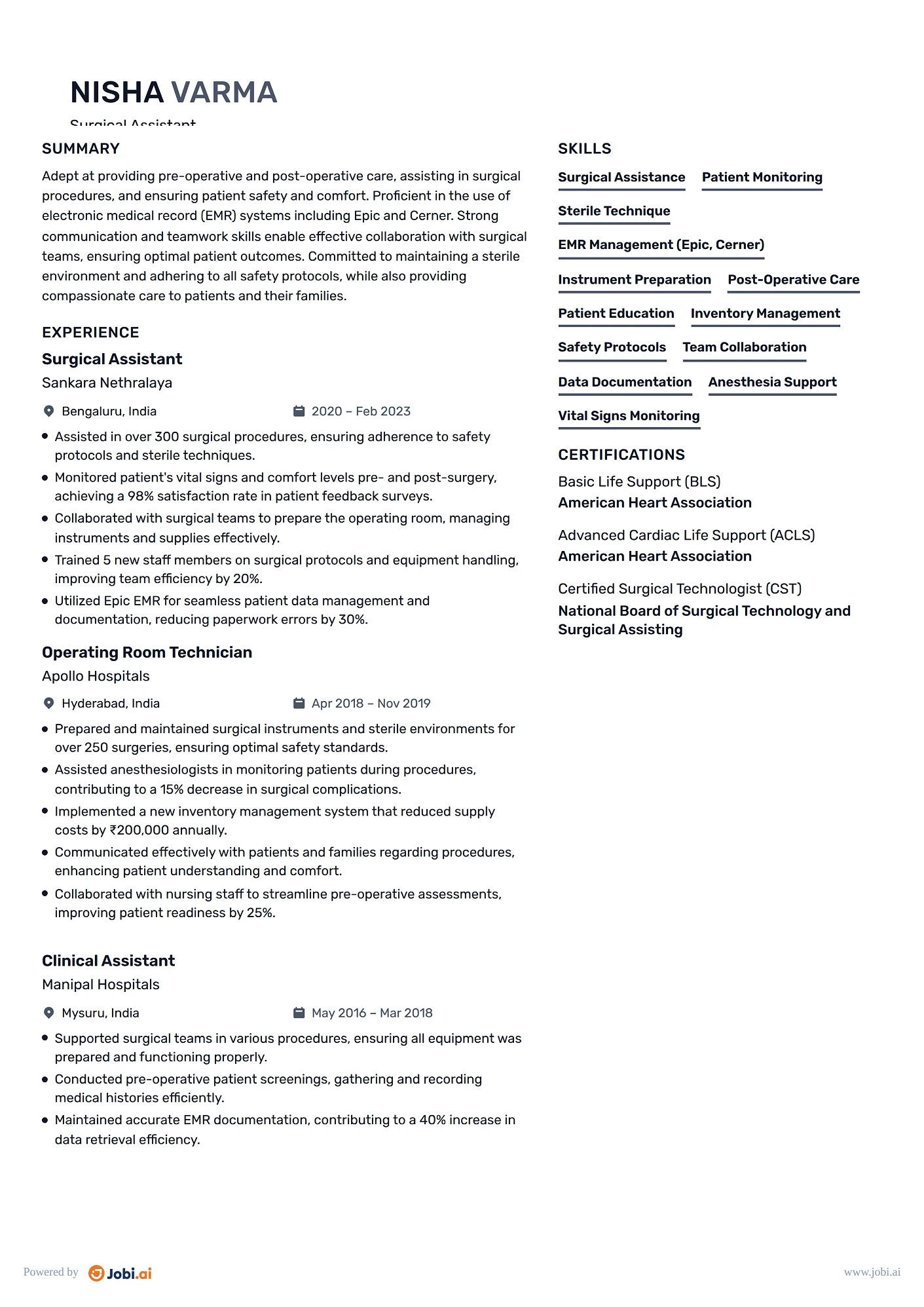 Medical Assistant resume example — Surgical Assistant