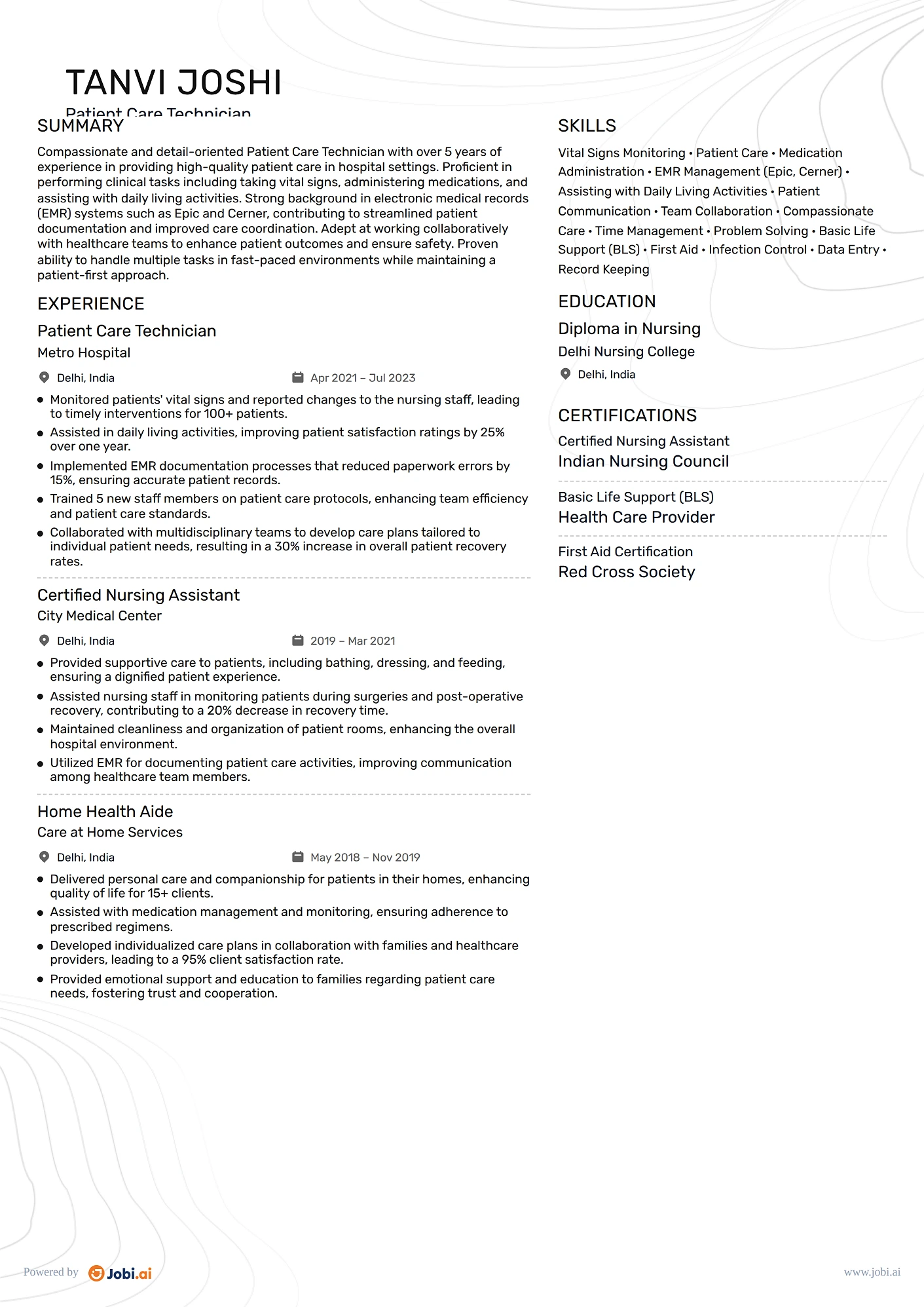 Medical Assistant resume example — Patient Care Technician