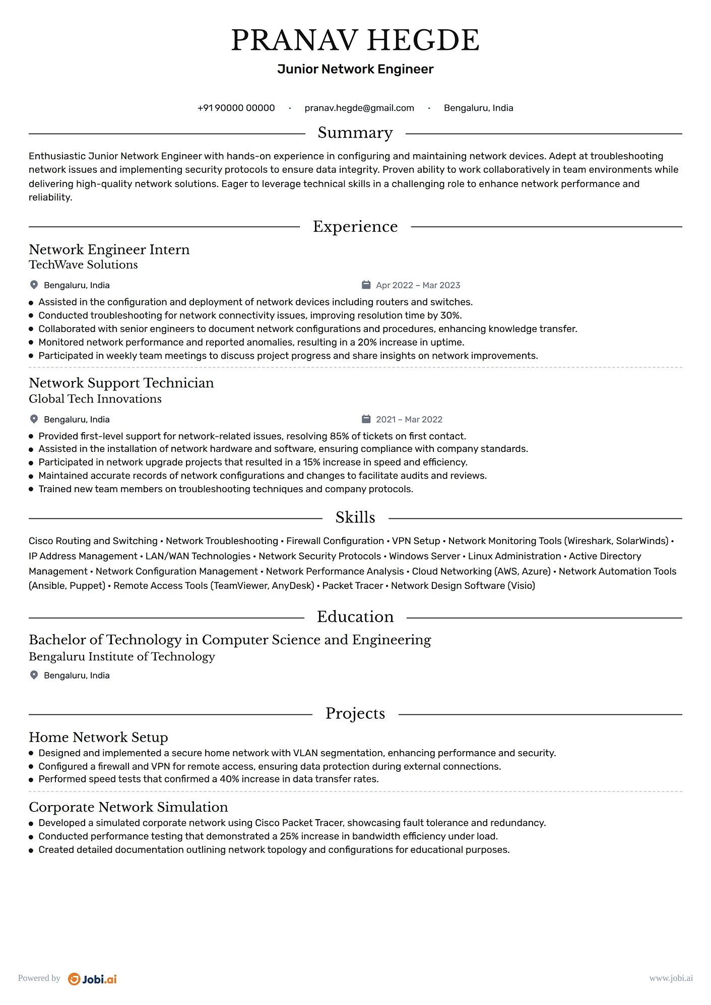 Network Engineer resume example — Junior Network Engineer