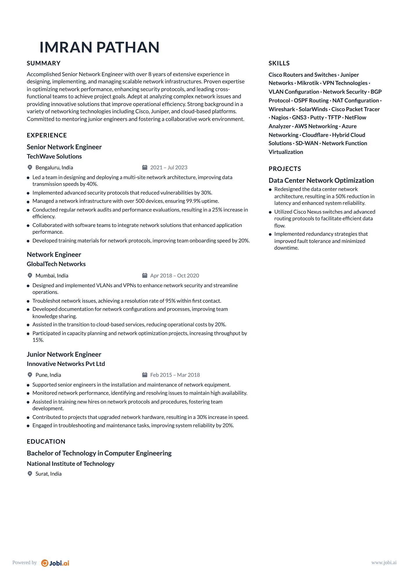 Network Engineer resume example — Senior Network Engineer
