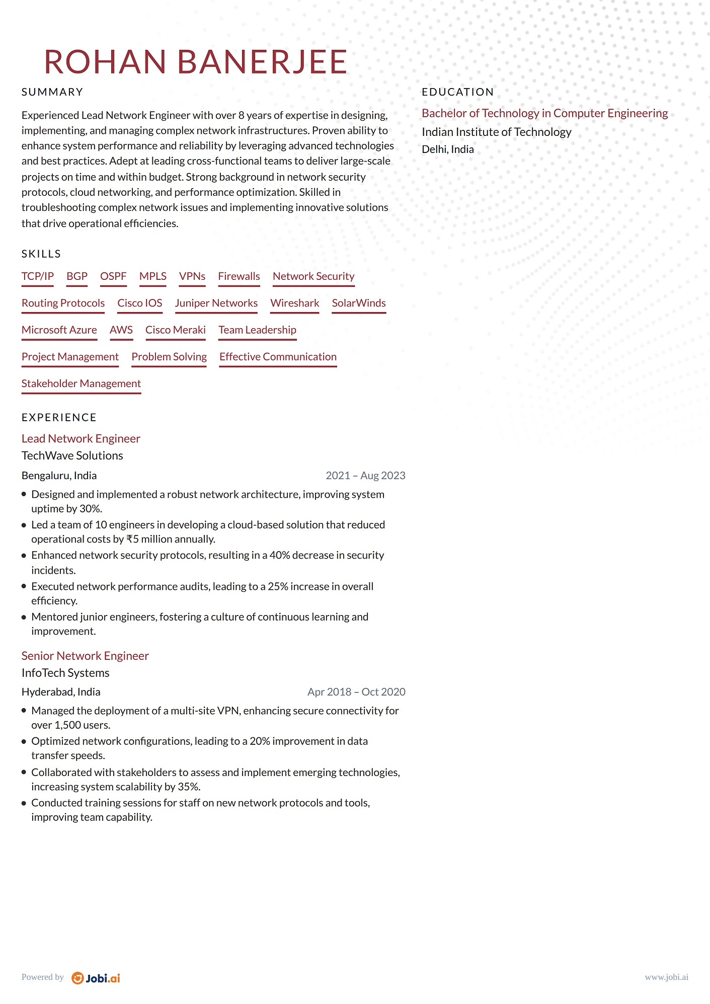 Network Engineer resume example — Lead Network Engineer