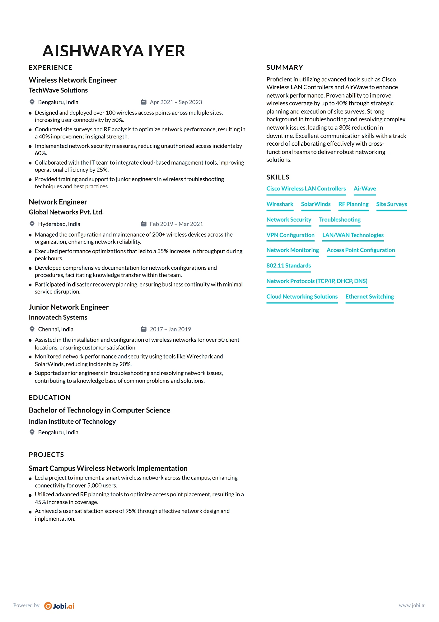 Network Engineer resume example — Wireless Network Engineer