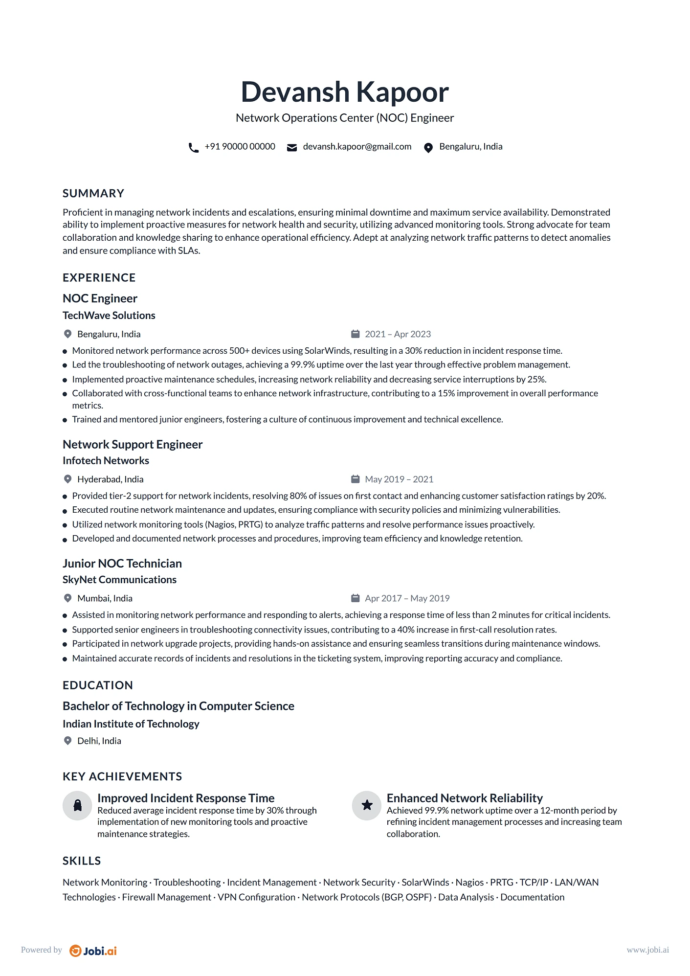 Network Engineer resume example — Network Operations Center (NOC) Engineer