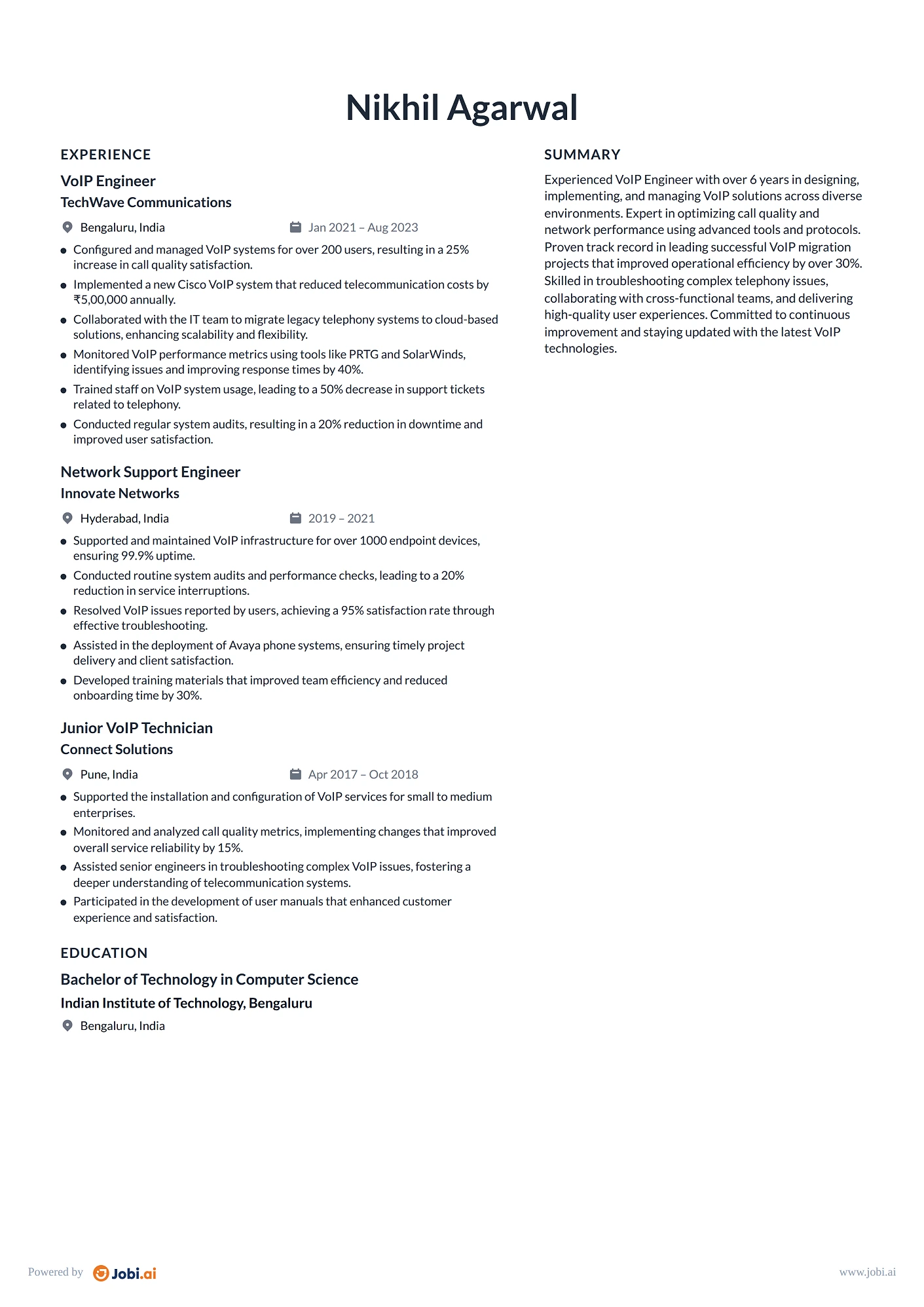 Network Engineer resume example — VoIP Engineer