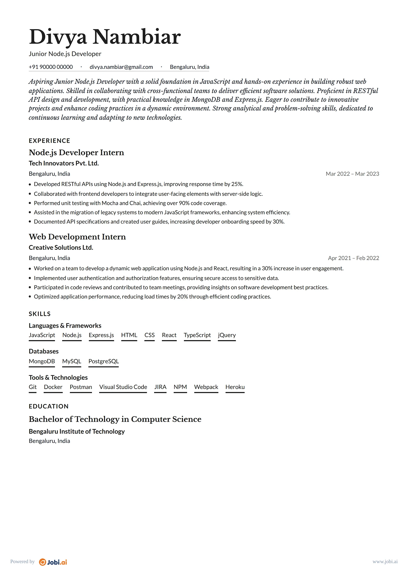 Node.js Developer resume example — Junior Node.js Developer