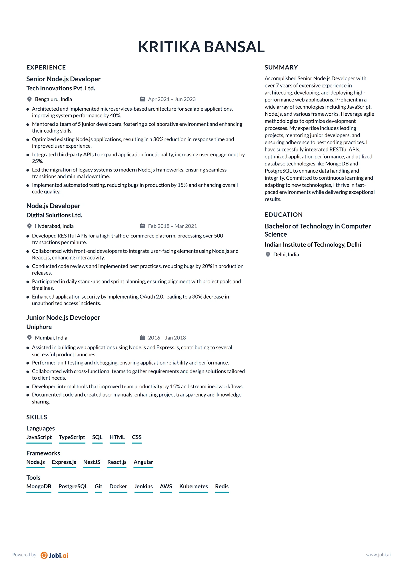 Node.js Developer resume example — Senior Node.js Developer