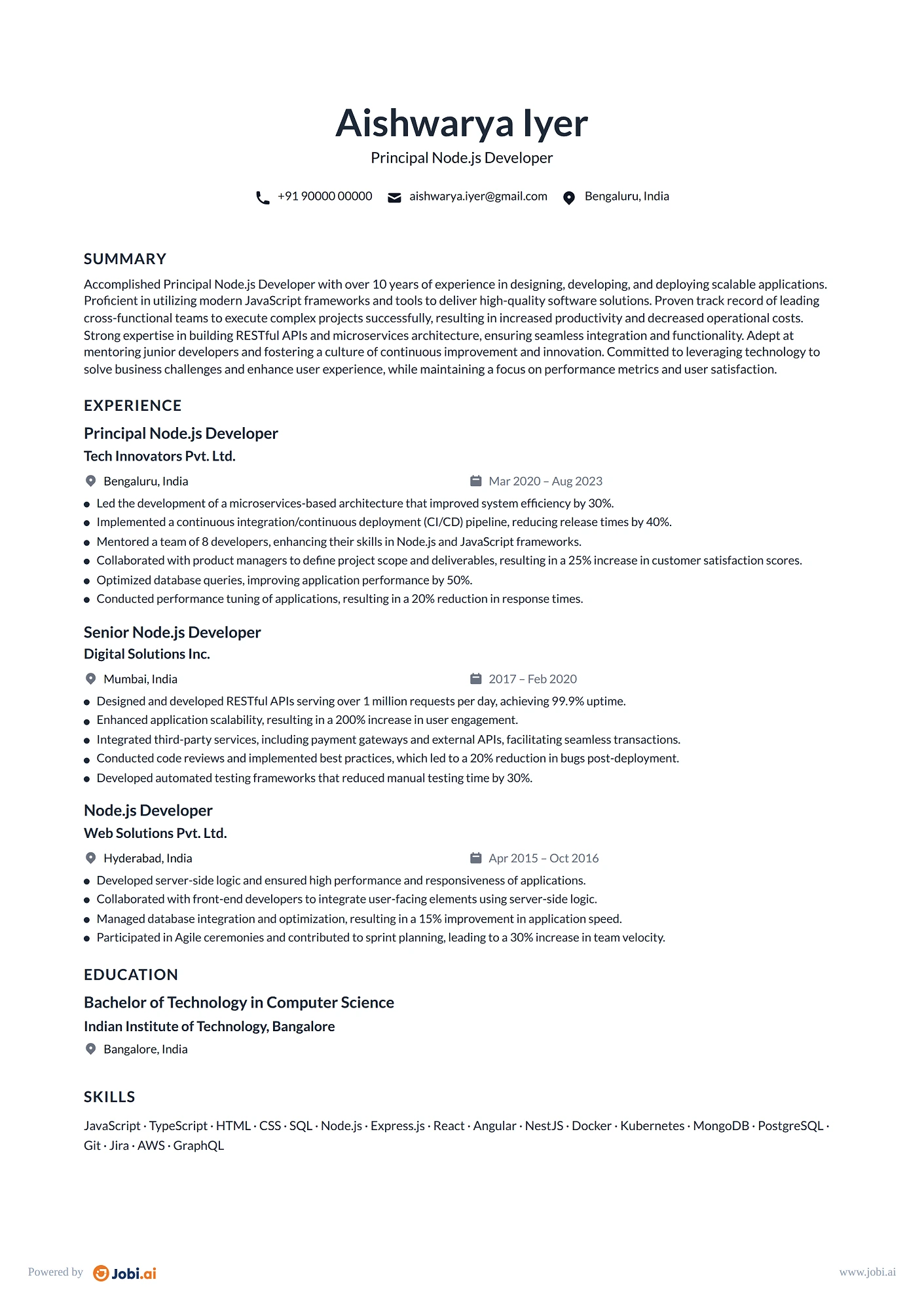 Node.js Developer resume example — Principal Node.js Developer