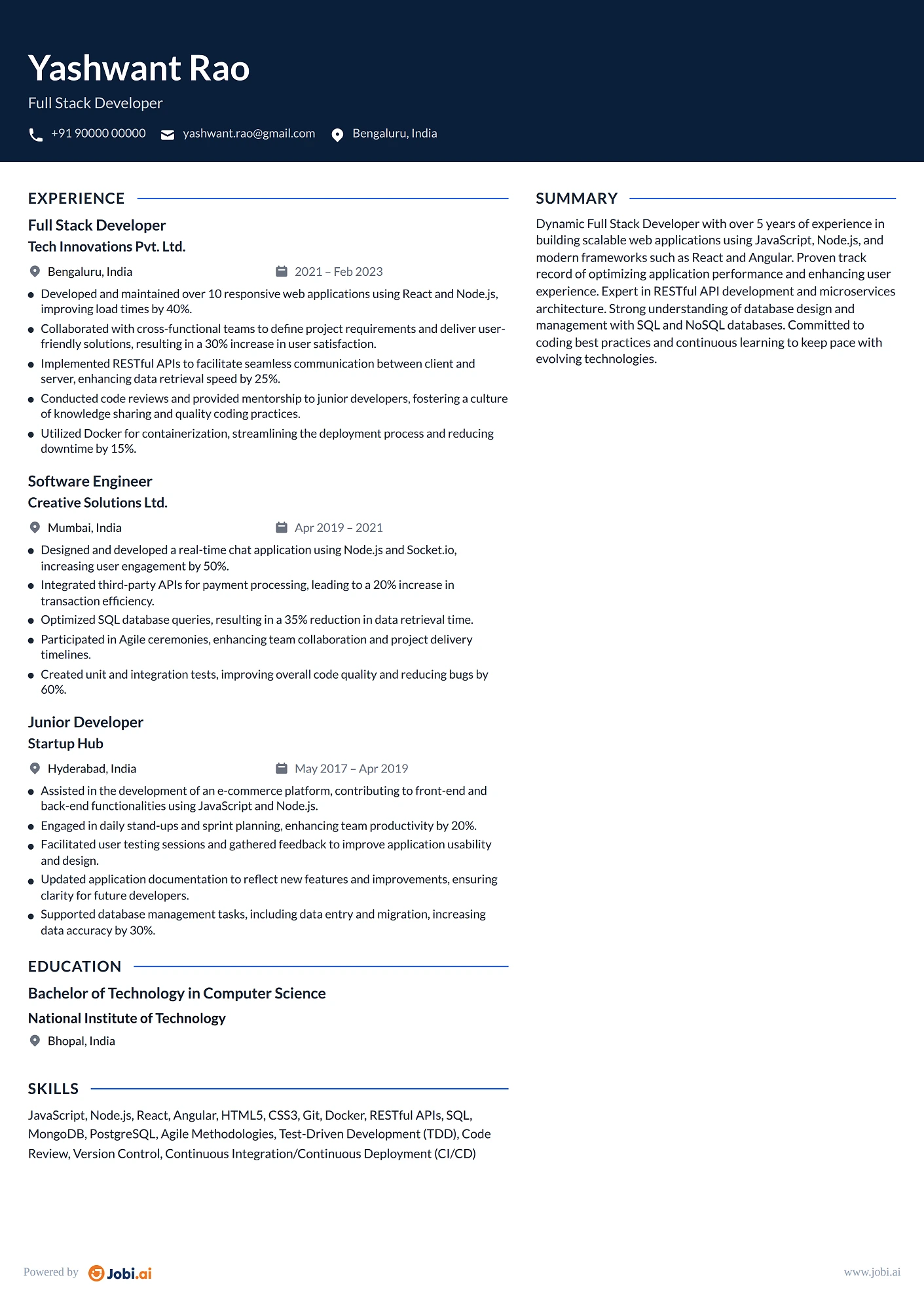 Node.js Developer resume example — Full Stack Developer
