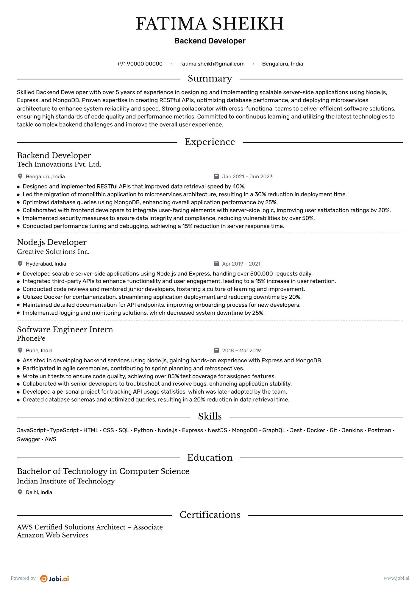 Node.js Developer resume example — Backend Developer