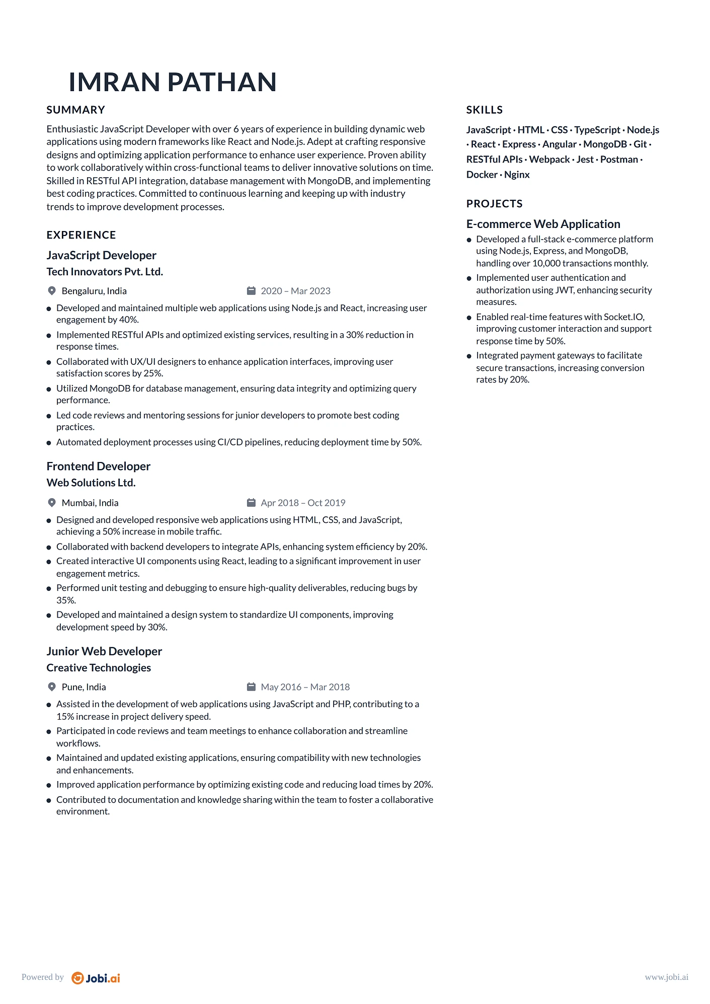 Node.js Developer resume example — JavaScript Developer