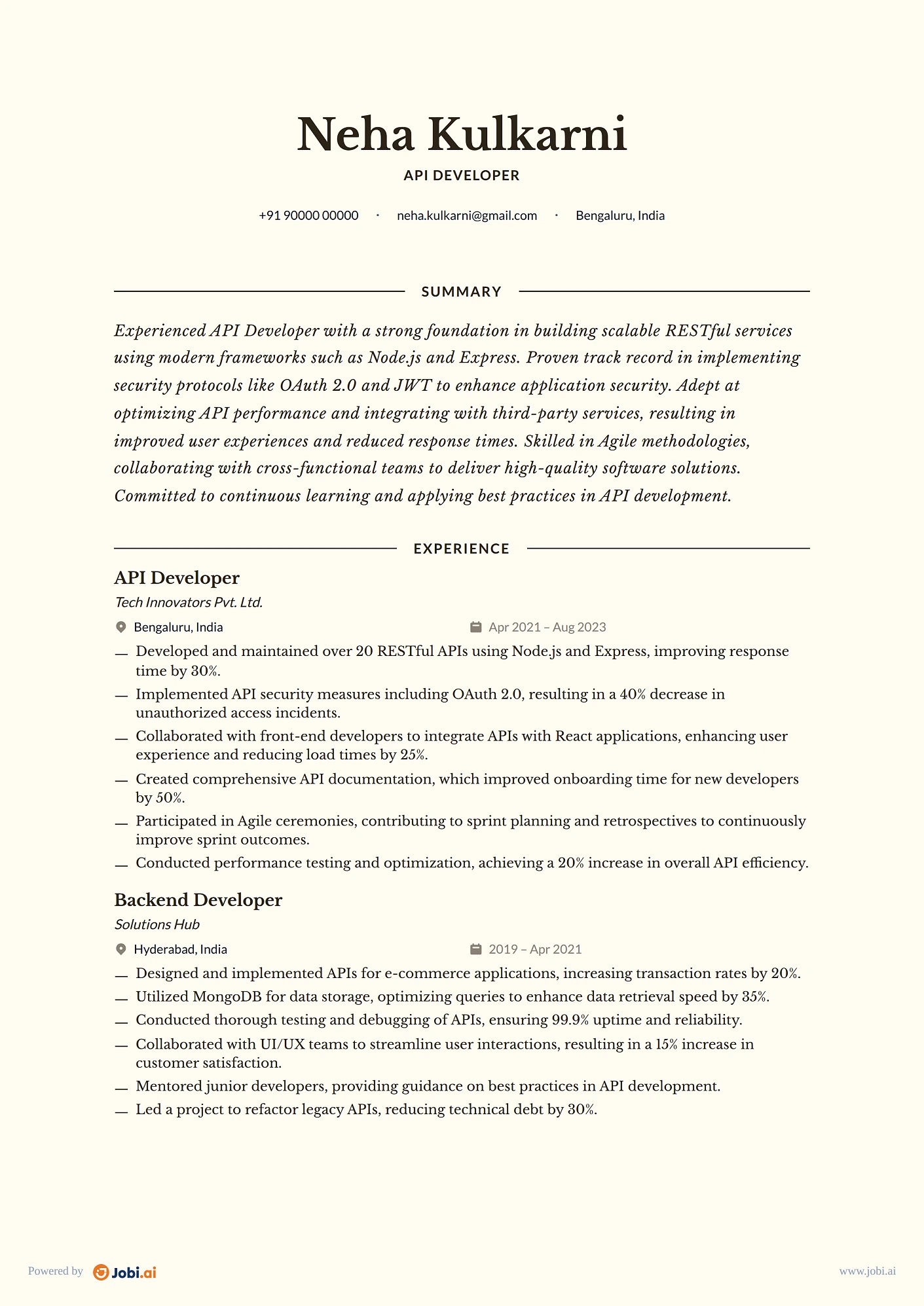 Node.js Developer resume example — API Developer