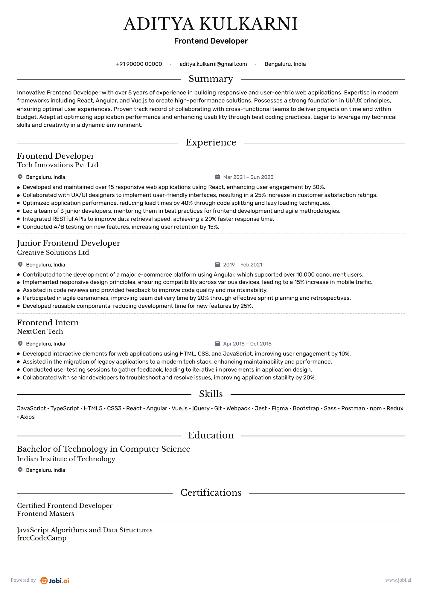 Software Engineer resume example — Frontend Developer