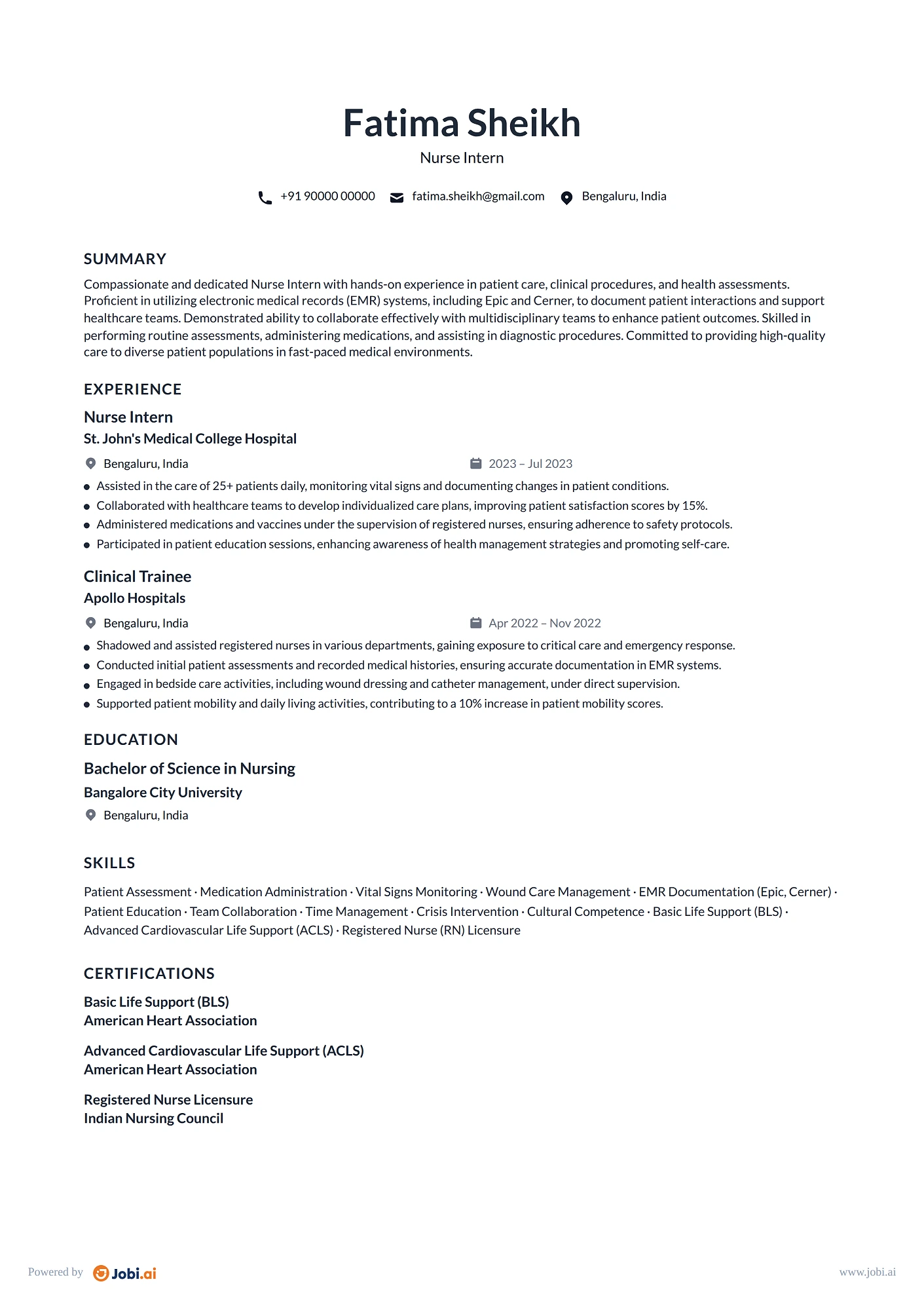 Nurse Practitioner resume example — Nurse Intern