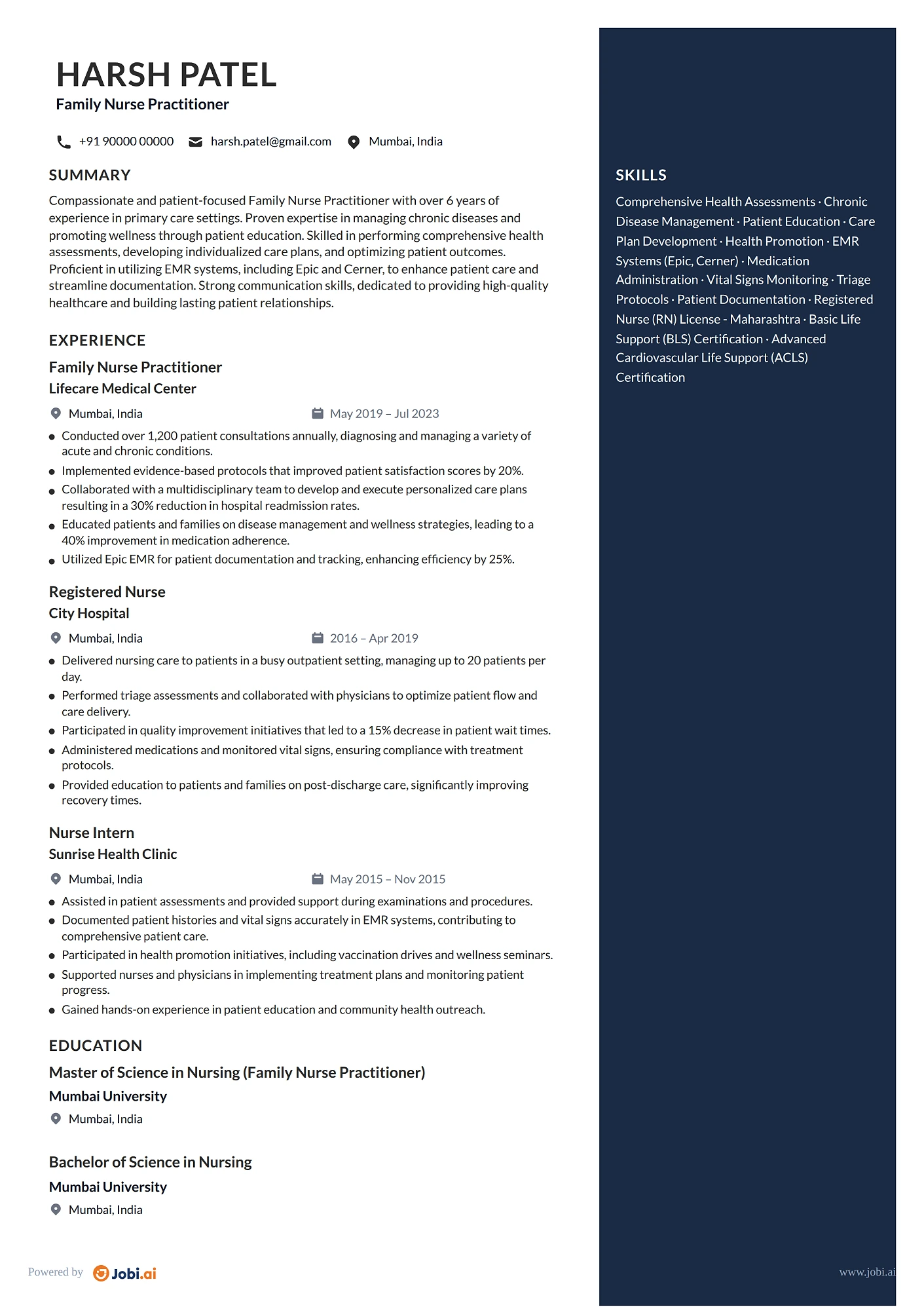 Nurse Practitioner resume example — Family Nurse Practitioner