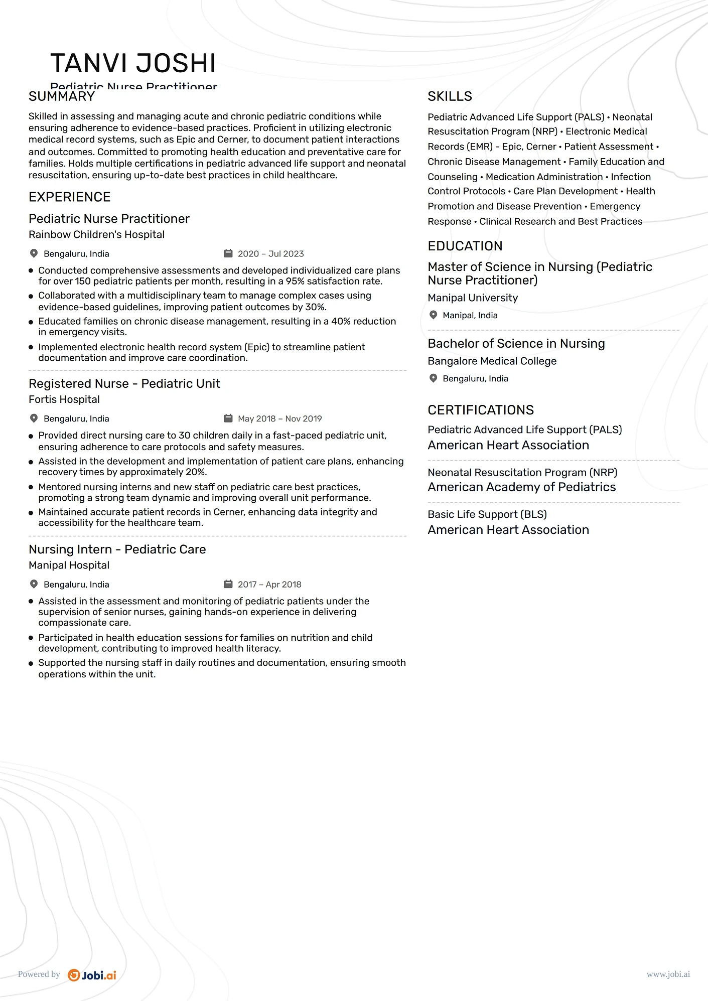 Nurse Practitioner resume example — Pediatric Nurse Practitioner