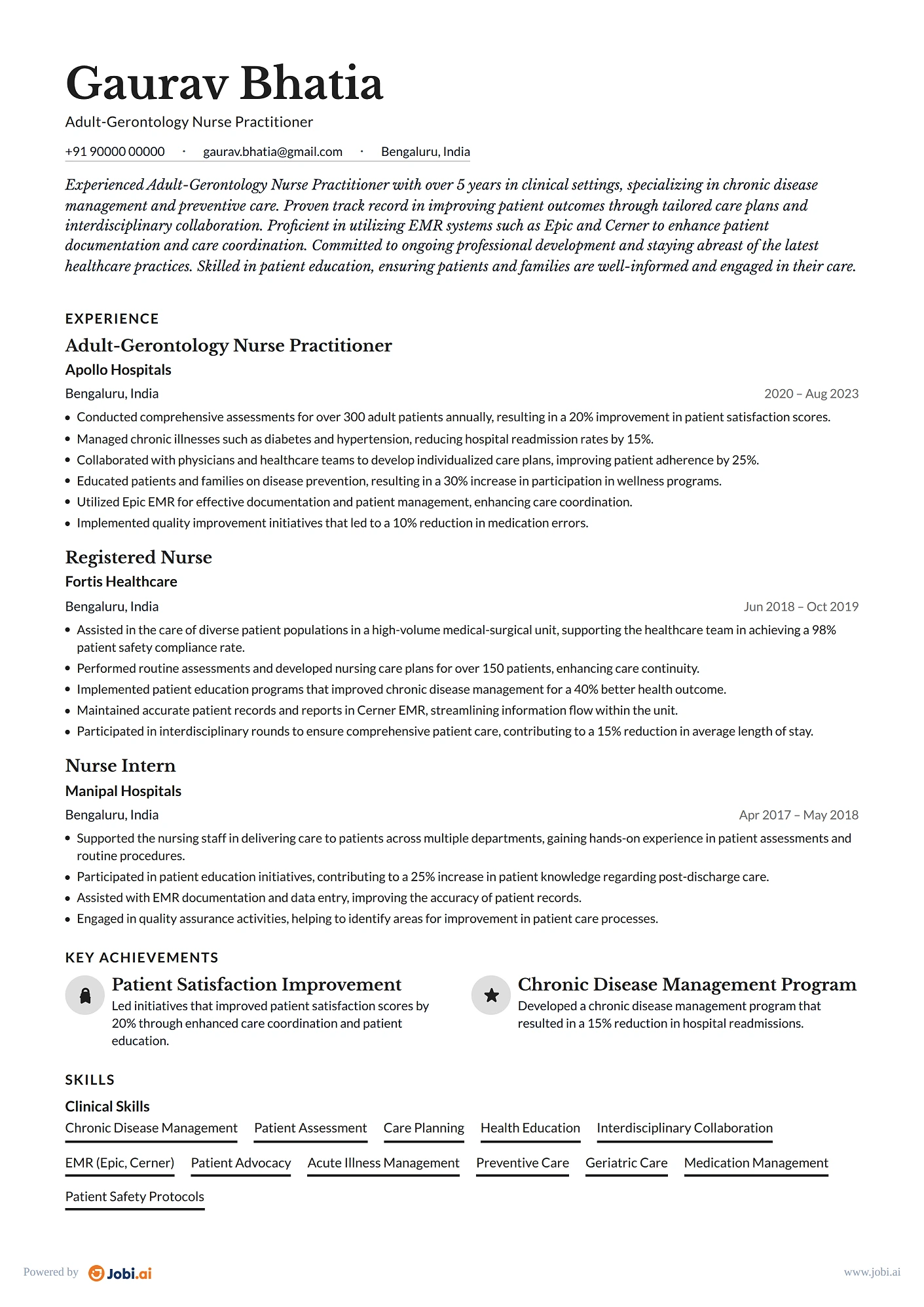 Nurse Practitioner resume example — Adult-Gerontology Nurse Practitioner