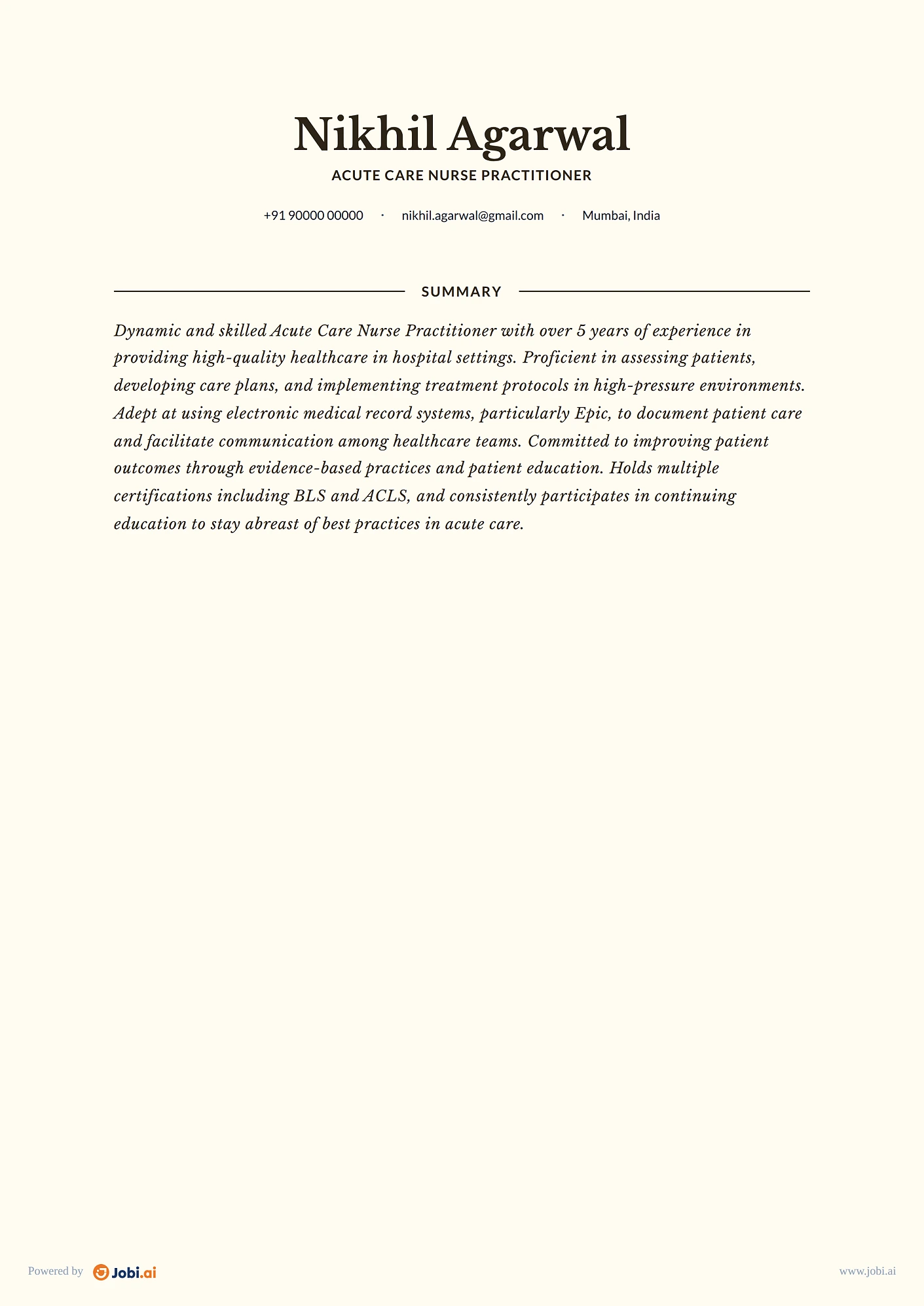 Nurse Practitioner resume example — Acute Care Nurse Practitioner