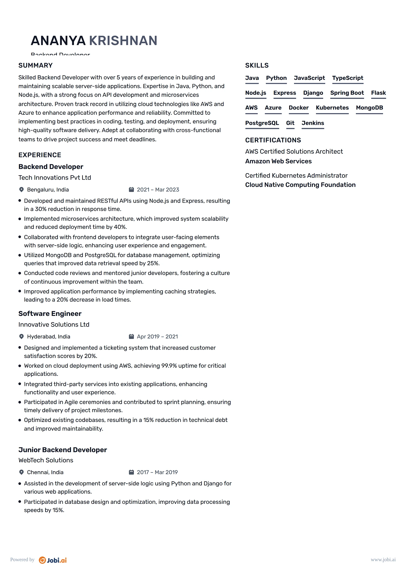 Software Engineer resume example — Backend Developer