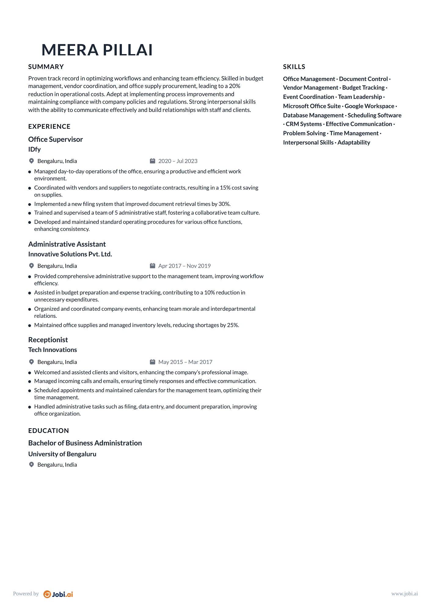 Office Manager resume example — Office Supervisor