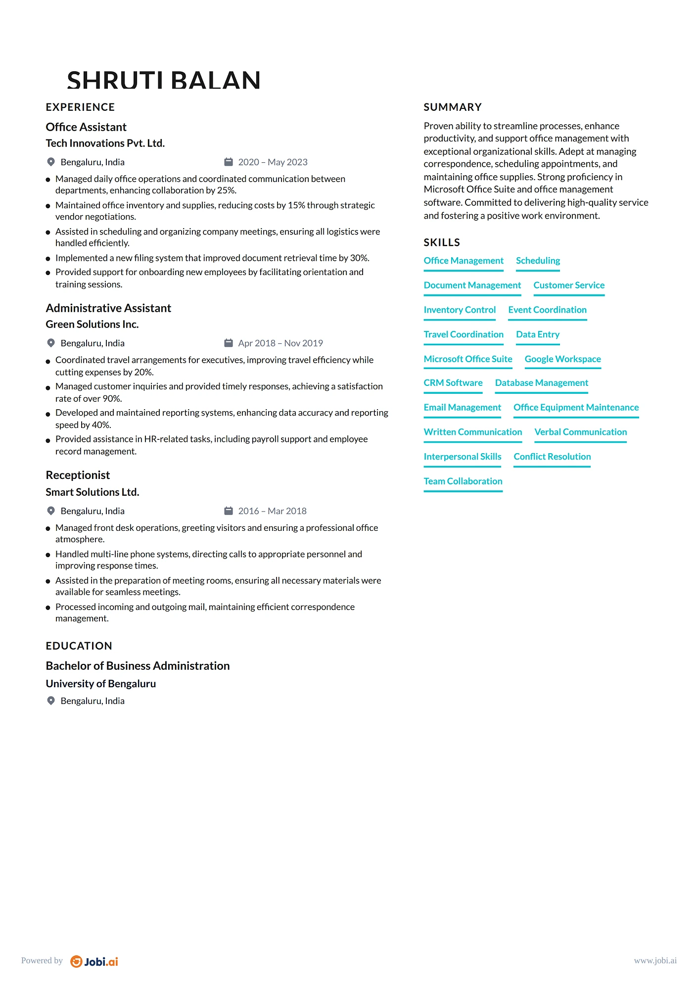 Office Manager resume example — Office Assistant