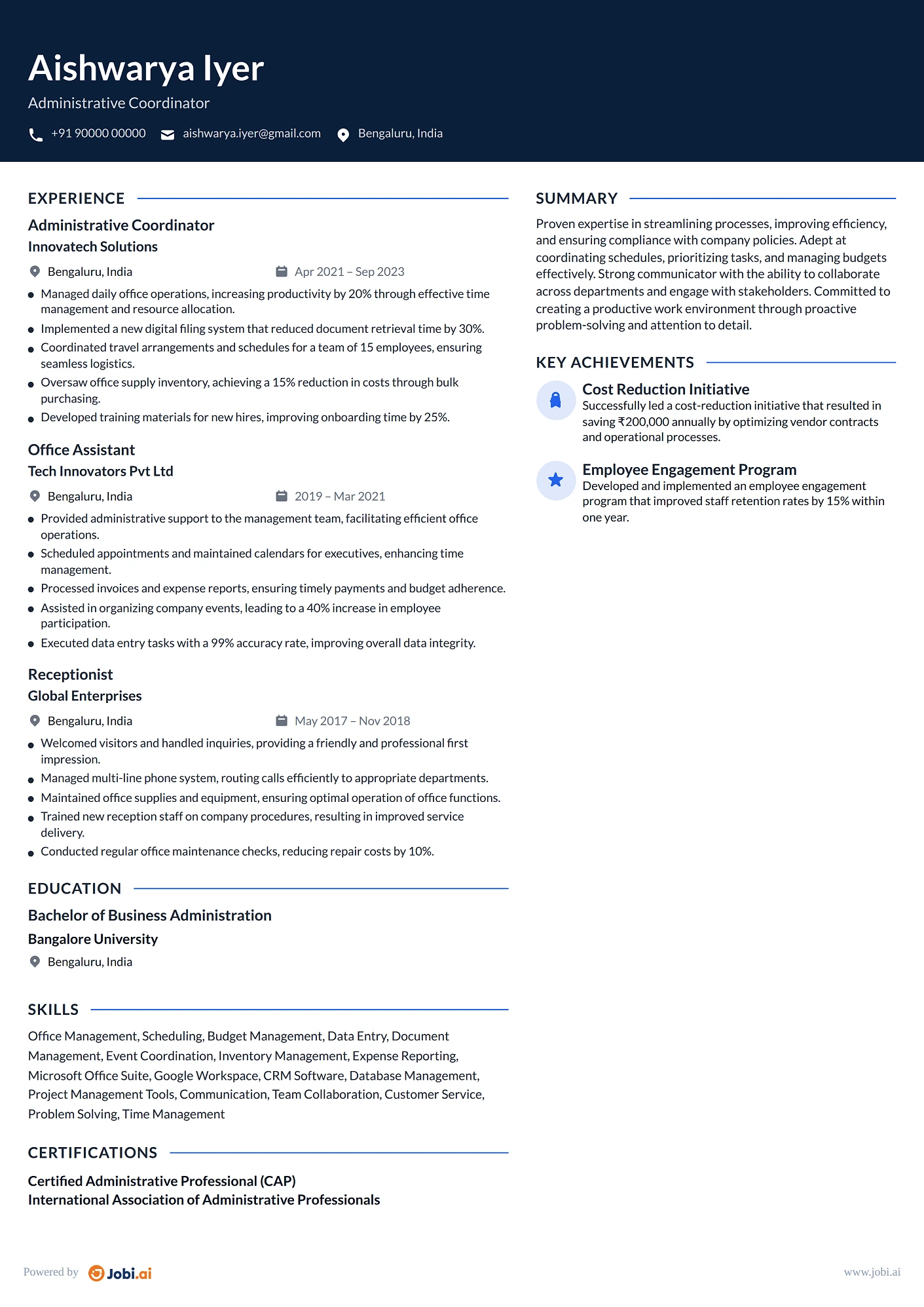 Office Manager resume example — Administrative Coordinator