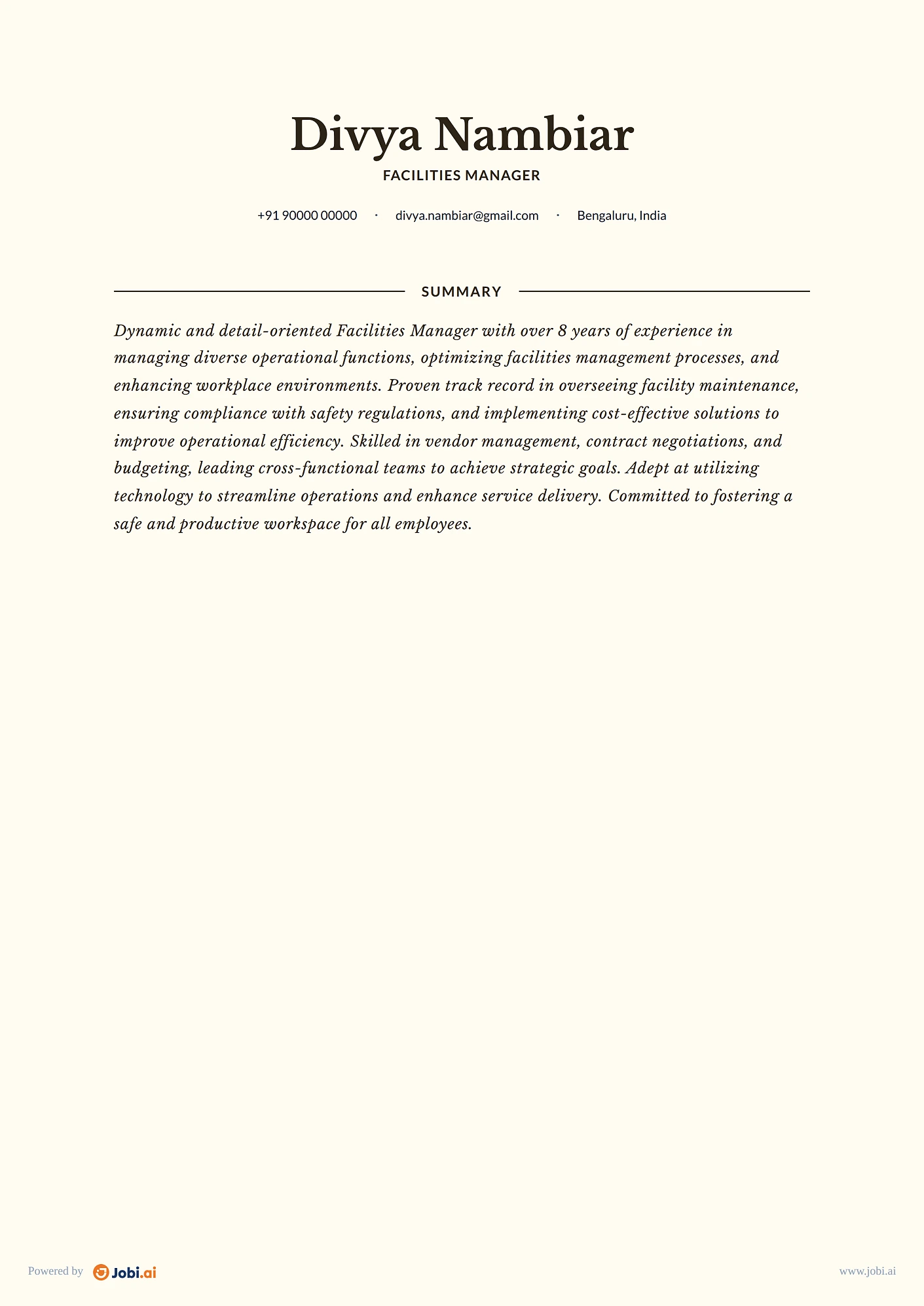 Office Manager resume example — Facilities Manager