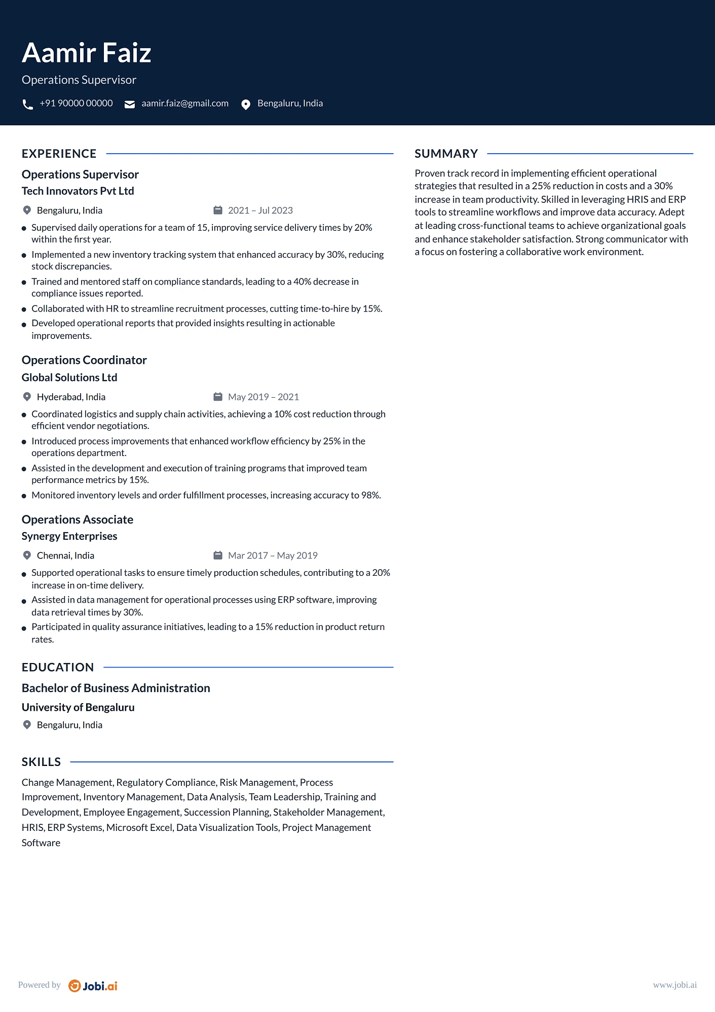 Operations Manager resume example — Operations Supervisor