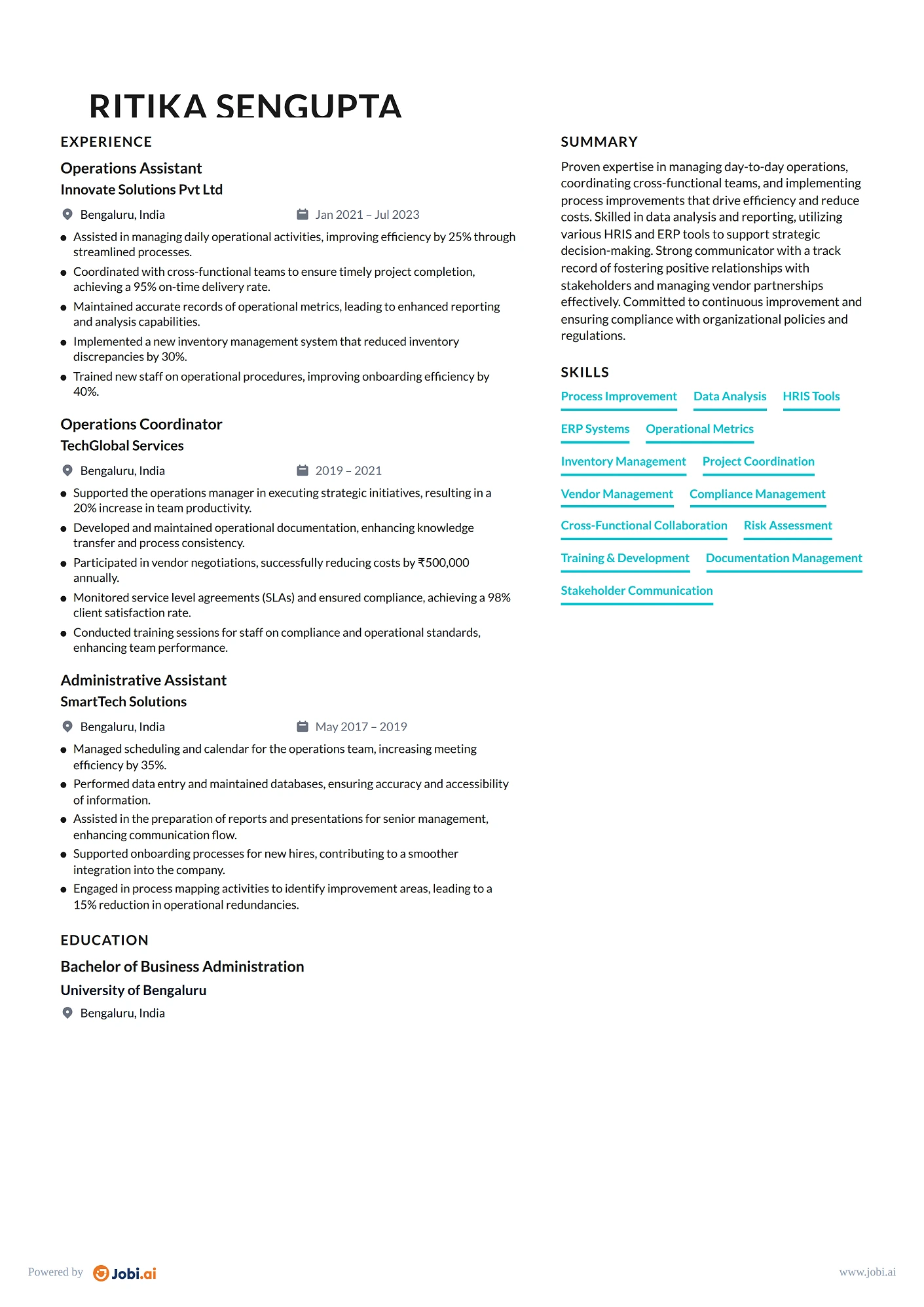 Operations Manager resume example — Operations Assistant