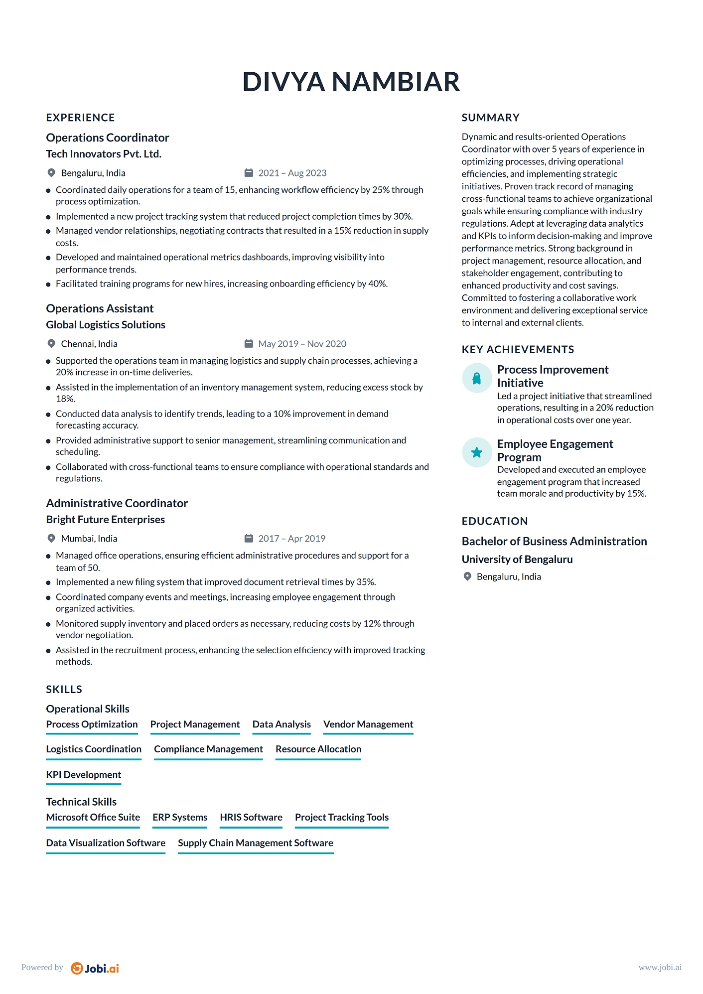 Operations Manager resume example — Operations Coordinator