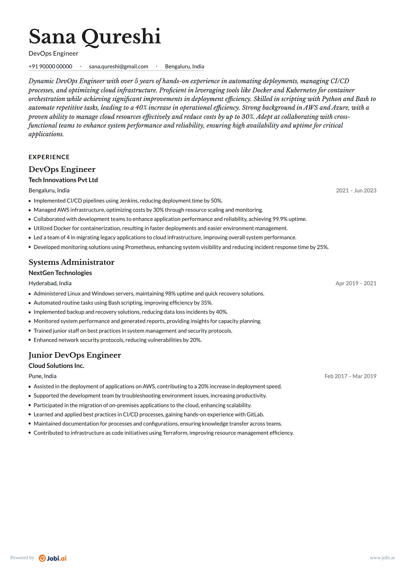 Software Engineer resume example — DevOps Engineer