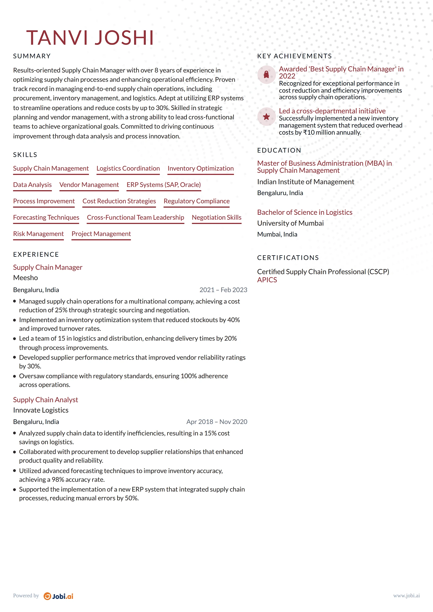 Operations Manager resume example — Supply Chain Manager