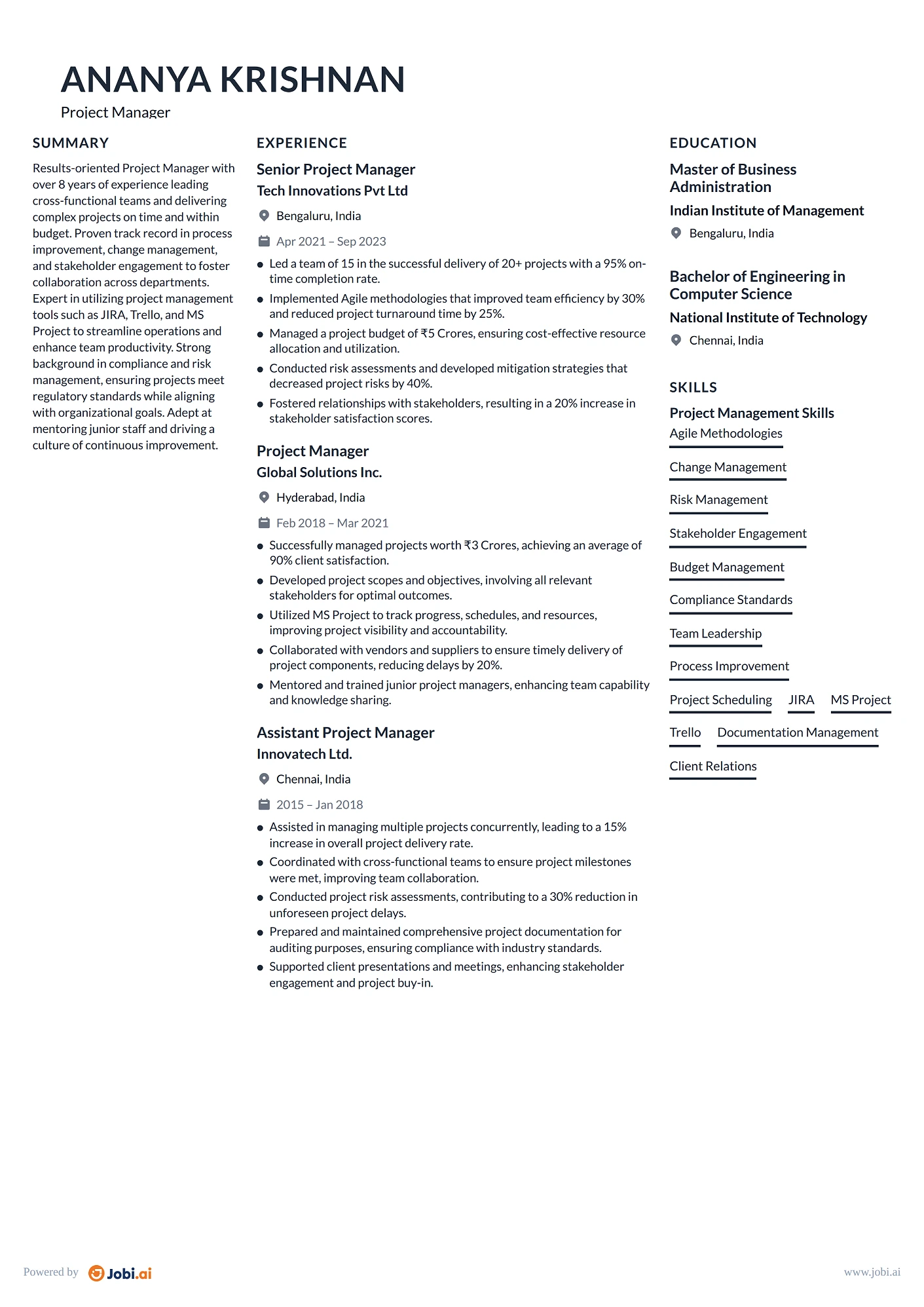 Operations Manager resume example — Project Manager