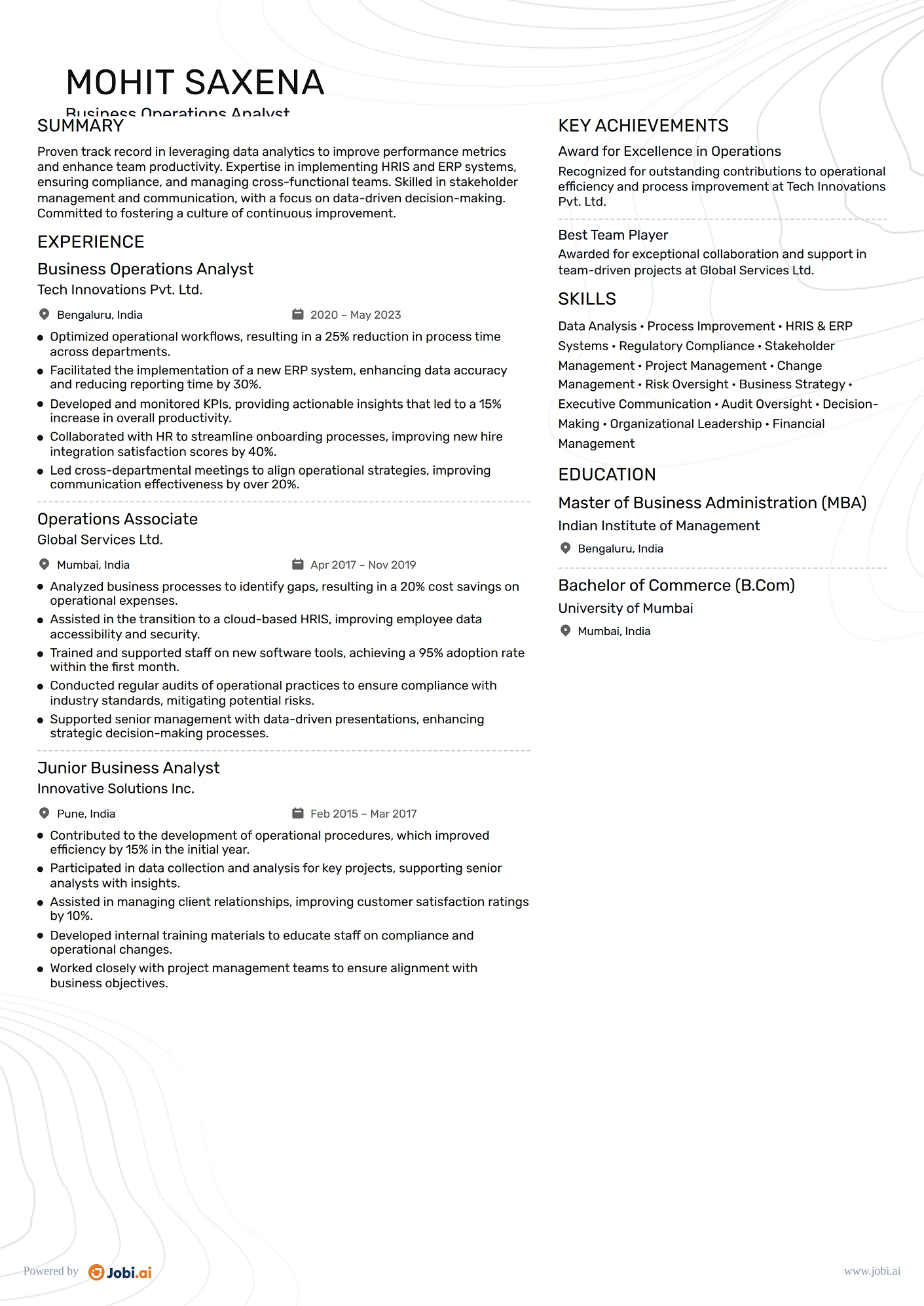 Operations Manager resume example — Business Operations Analyst