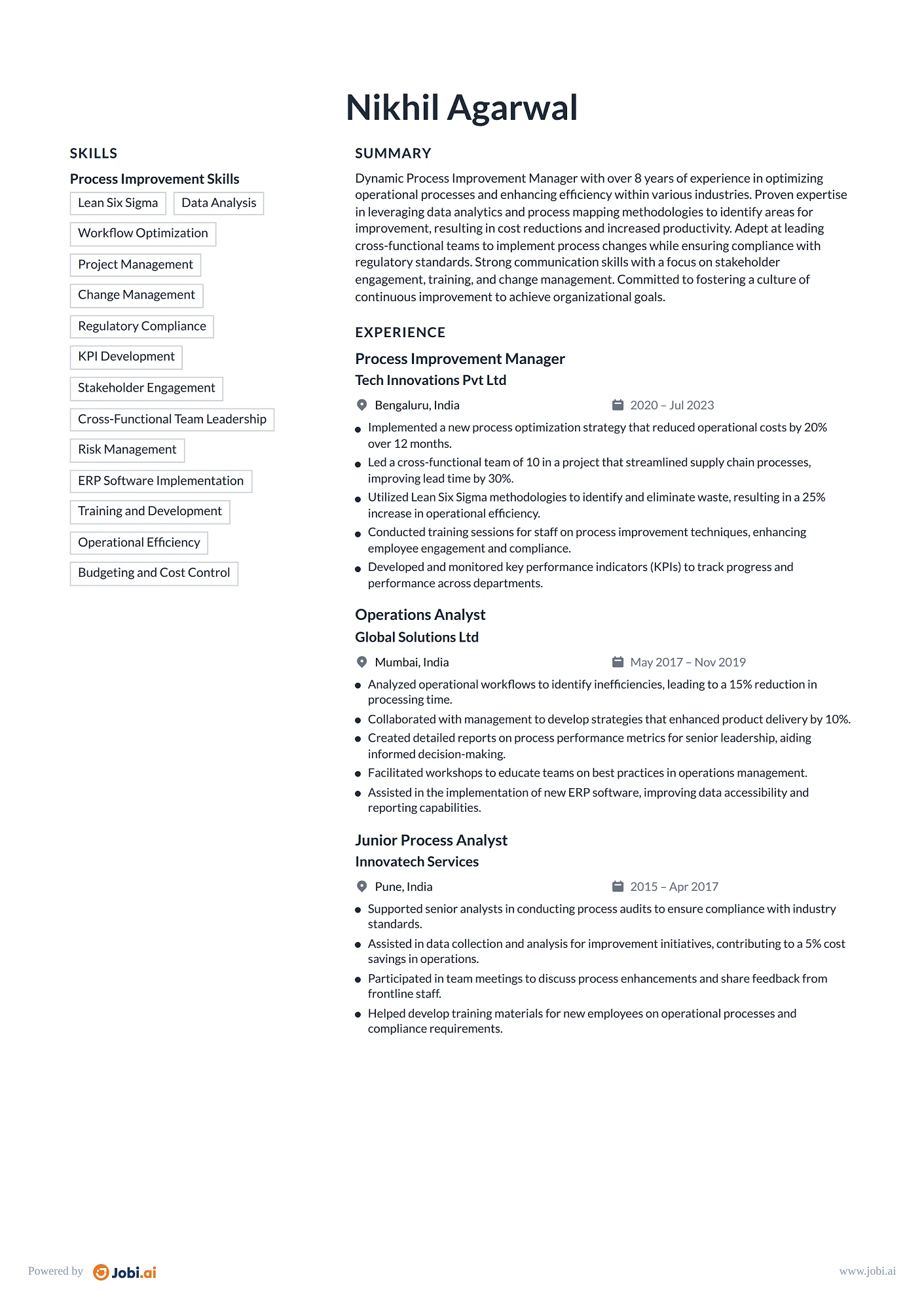 Operations Manager resume example — Process Improvement Manager