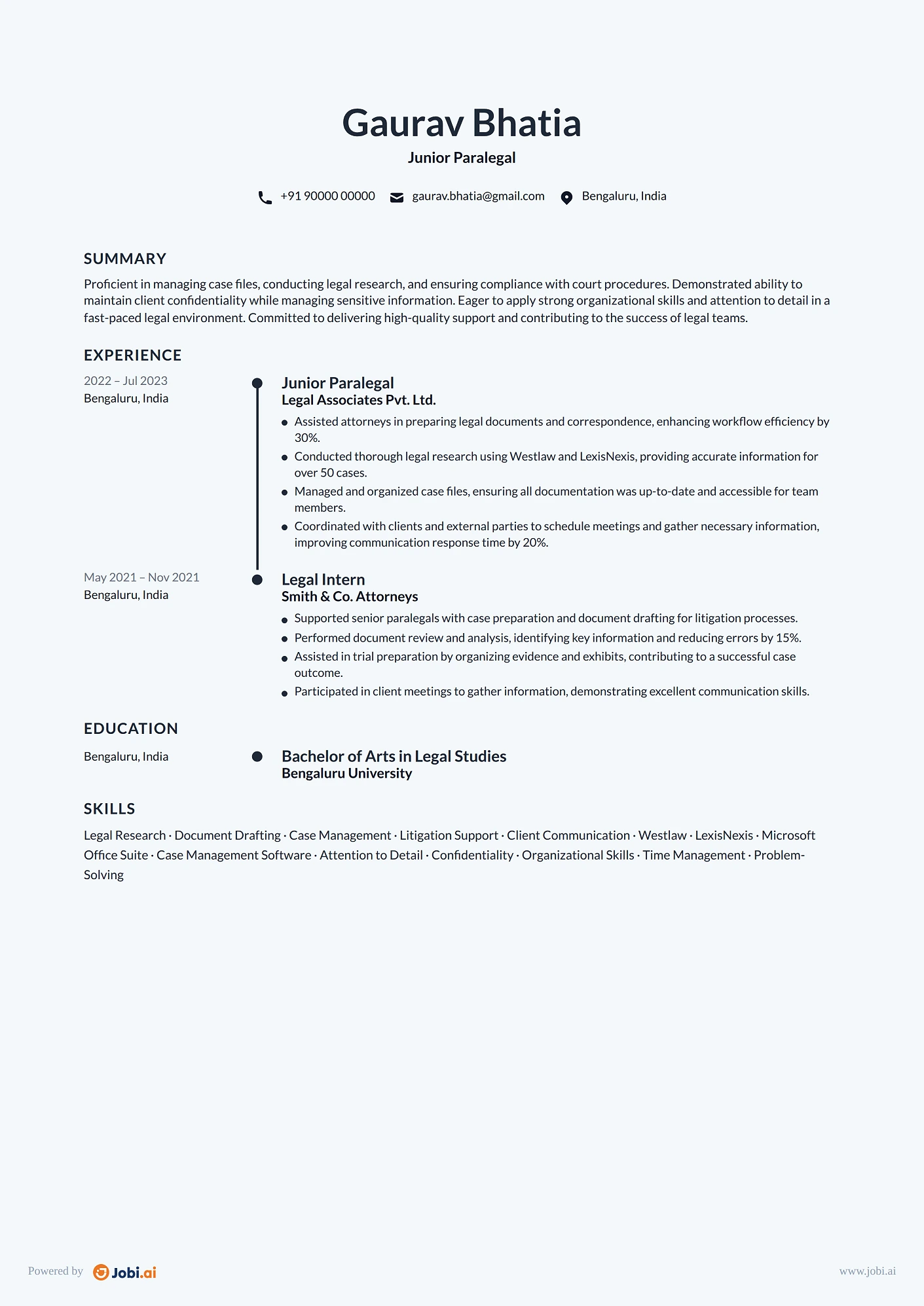 Paralegal resume example — Junior Paralegal