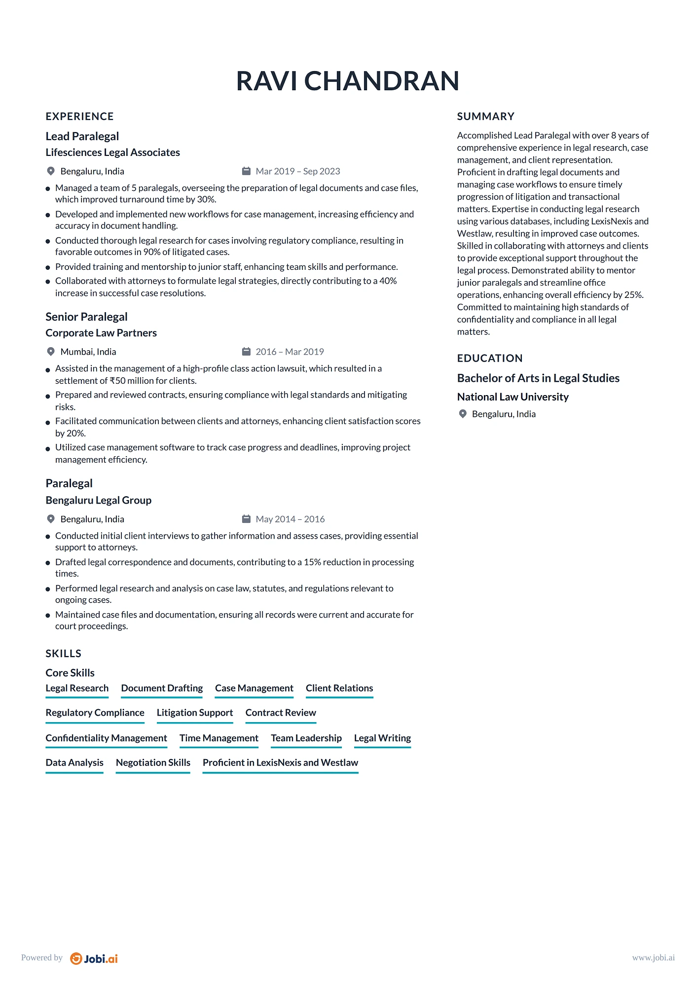 Paralegal resume example — Lead Paralegal